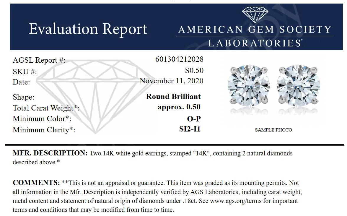 1/2 cttw SI2-I1 Certified Diamond Stud Earrings 14K White Gold Round with Screw Backs