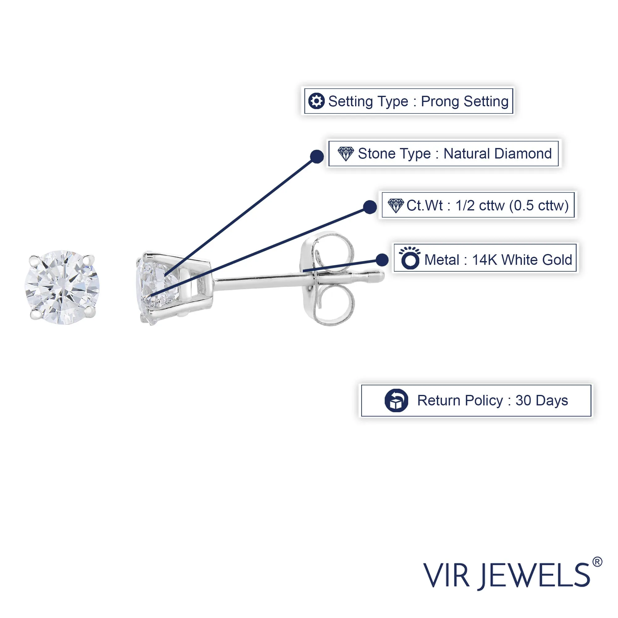 1/2 cttw SI2-I1 Certified Diamond Stud Earrings 14K White Gold Round with Screw Backs