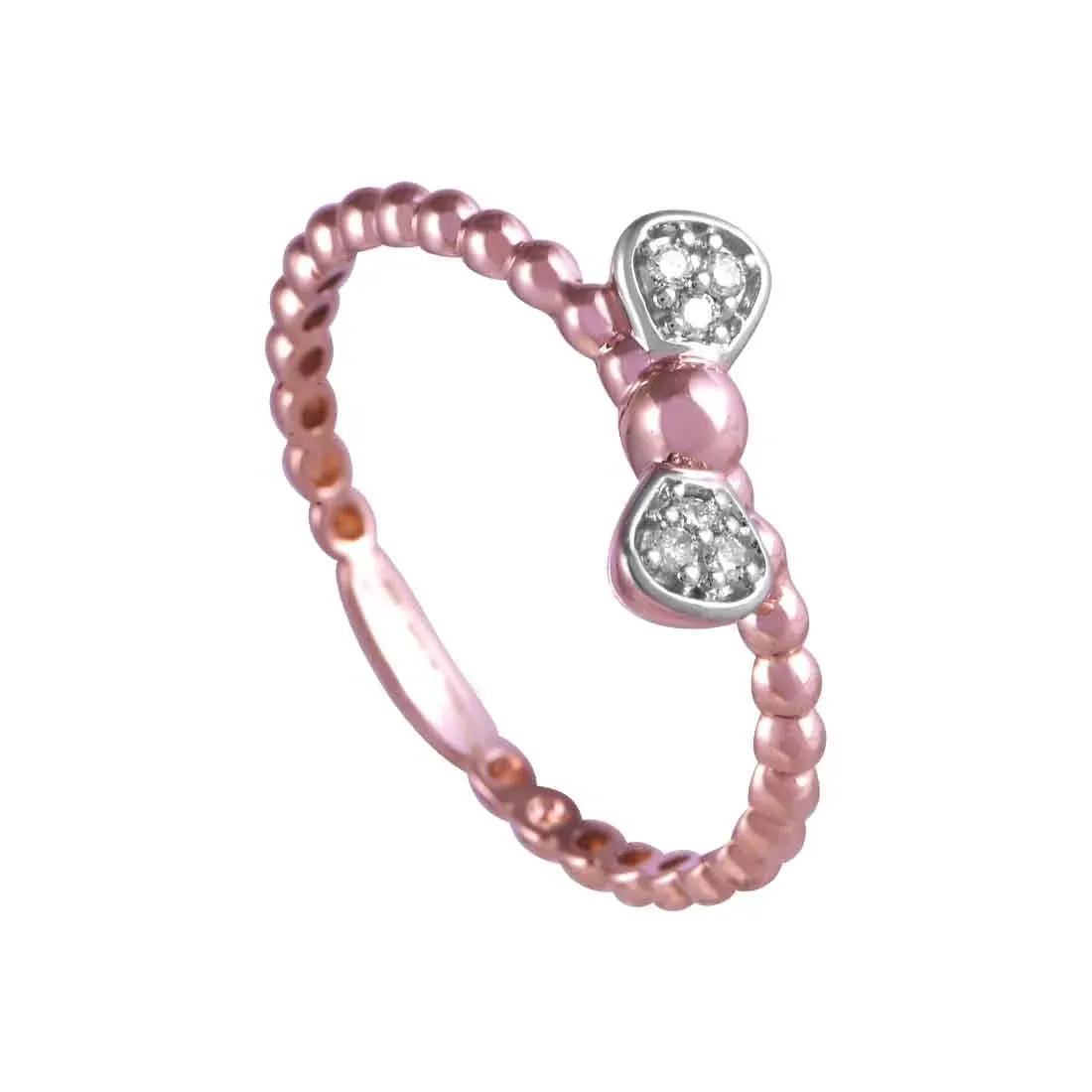 14K Rose Gold Ring With A Beaded Texture And A Bow-shaped Design With Diamond Accents