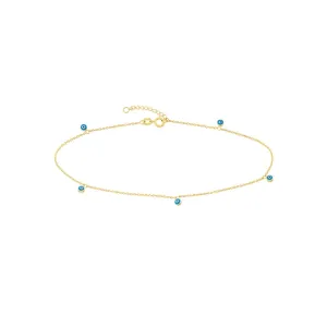 14K Yellow Gold Blue Turquoise Evil Eye Dangle Adjustable Anklet