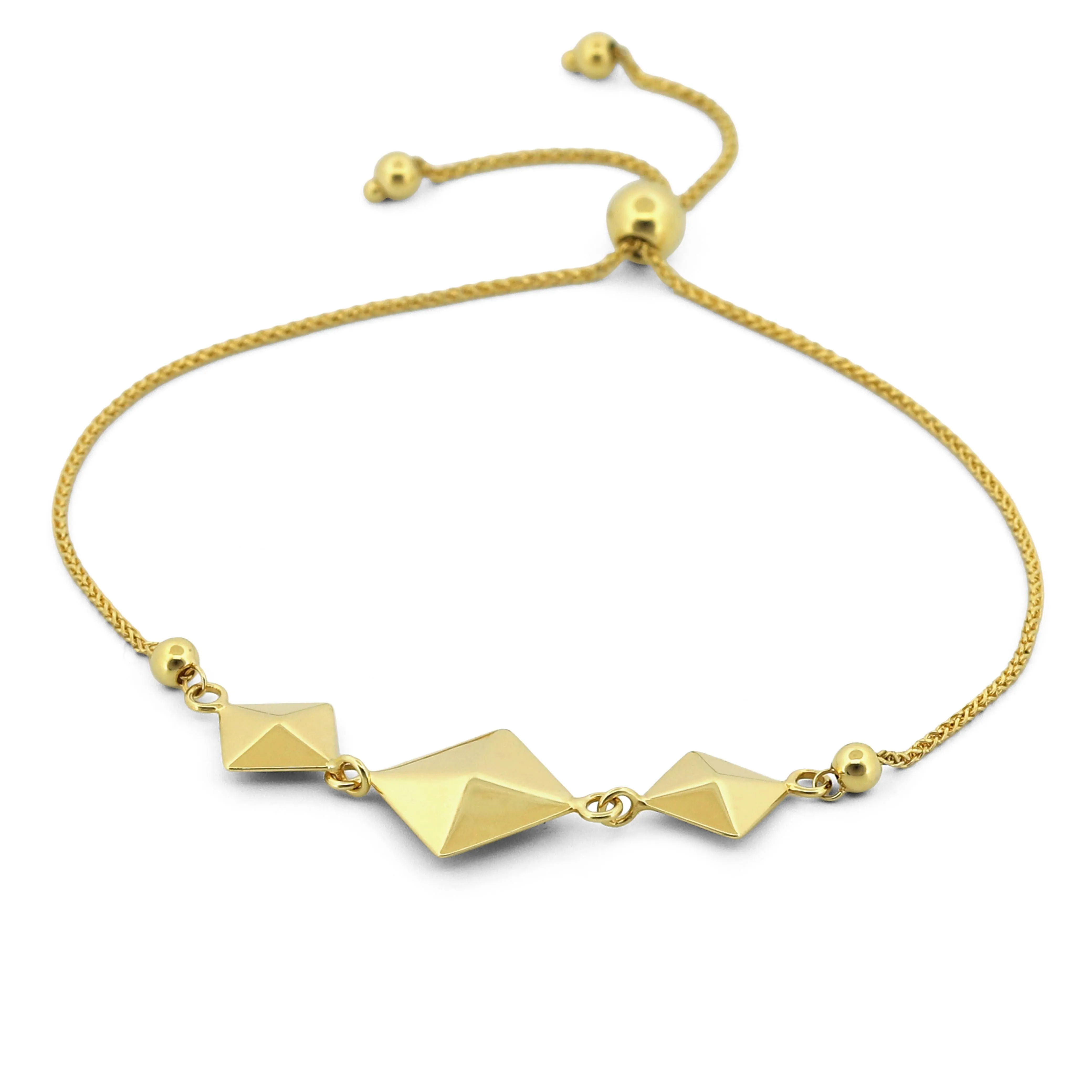 14k Yellow Gold Geometric Pyramid Square Adjustable Chain Bracelet