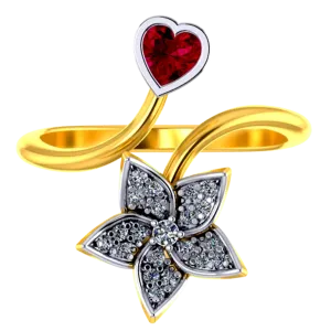 22k Gold Ring With A American Diamond Studded Five-petal Floral Design And A Mini Heart