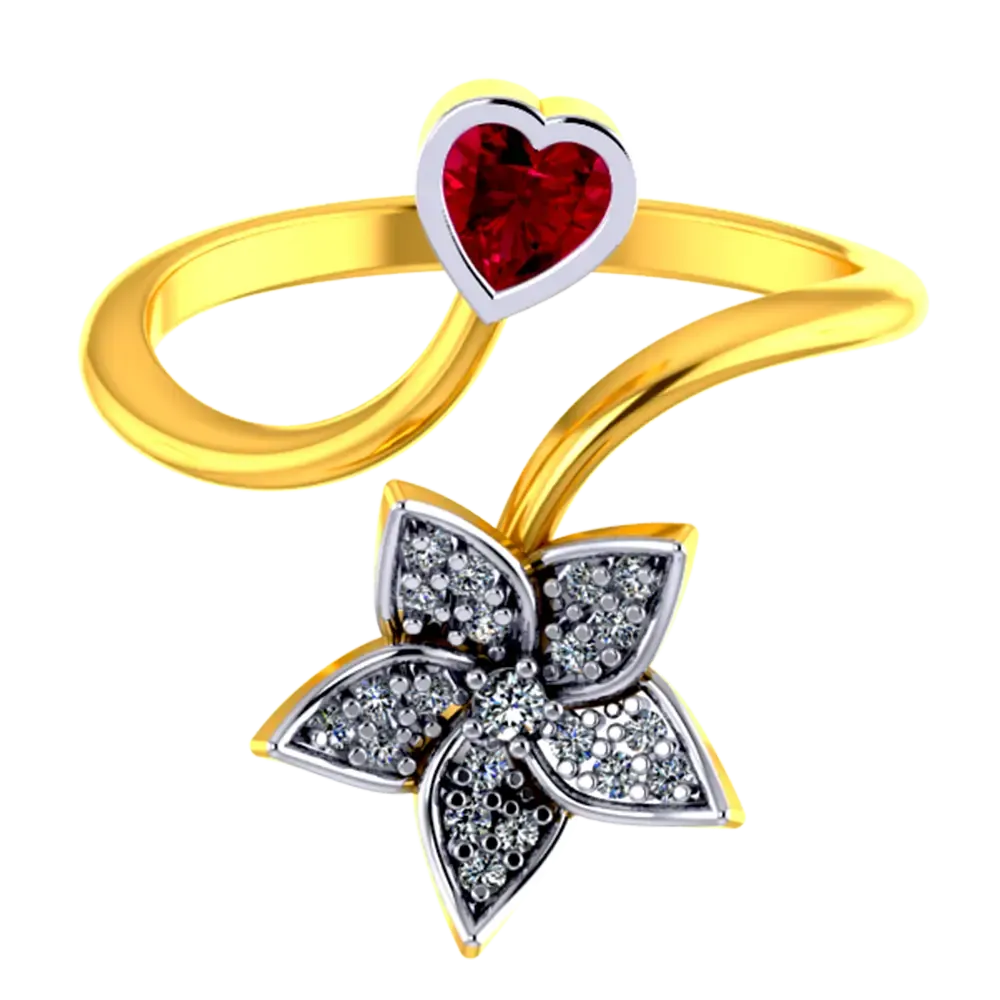 22k Gold Ring With A American Diamond Studded Five-petal Floral Design And A Mini Heart