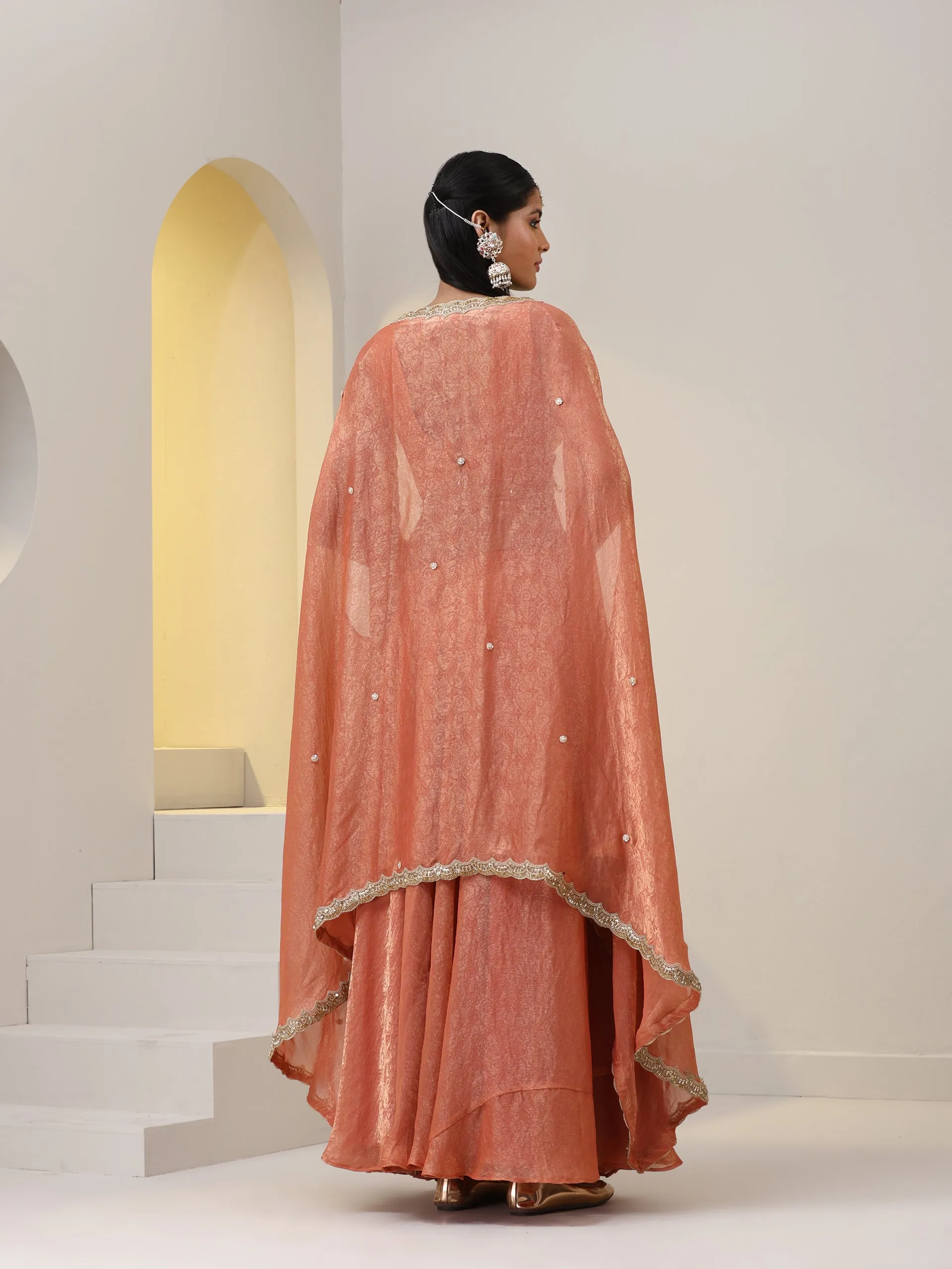 3 pc SET - Peach Paisley Sharara with Blouse Fabric and Jacket with Beading