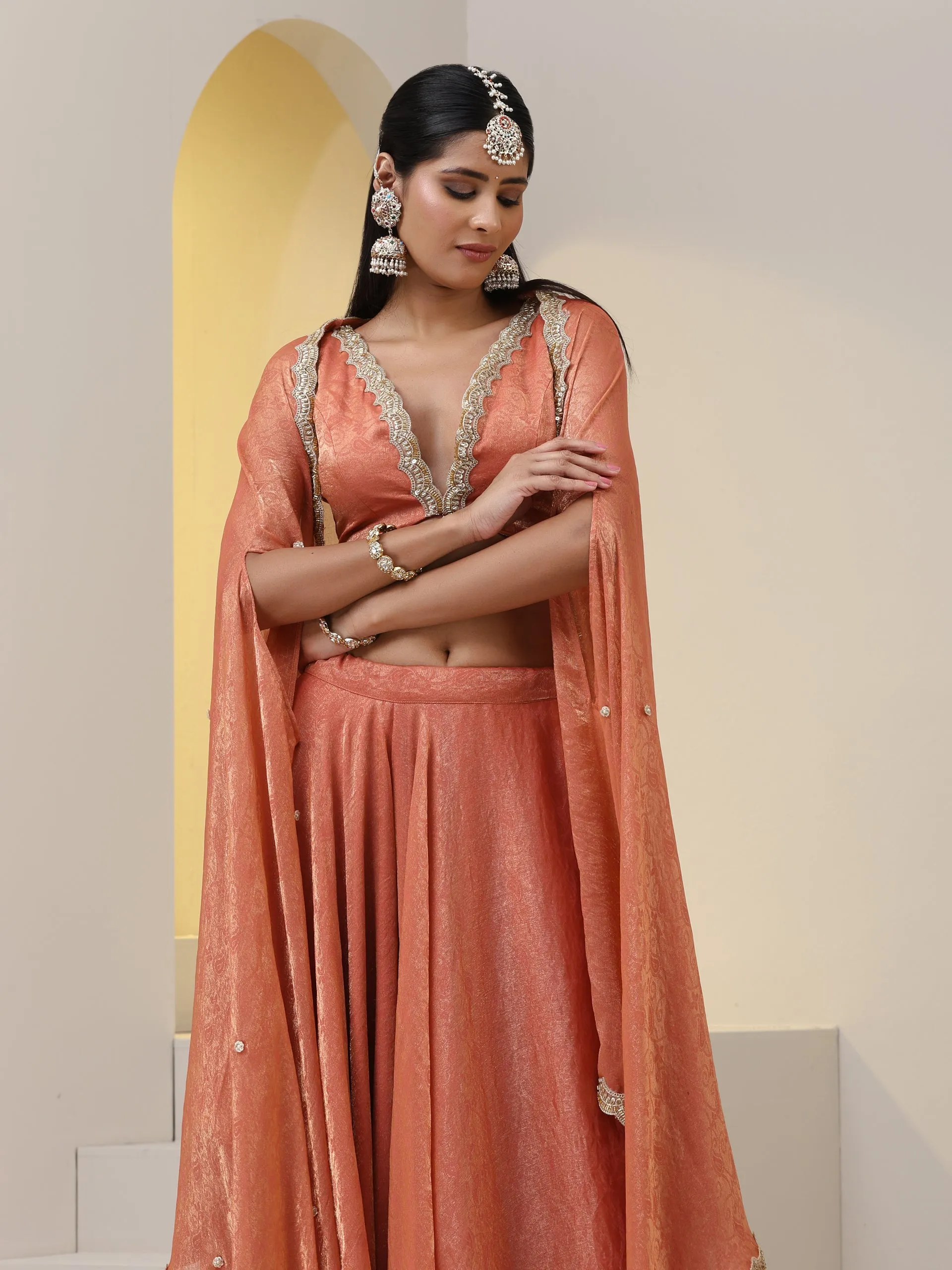 3 pc SET - Peach Paisley Sharara with Blouse Fabric and Jacket with Beading