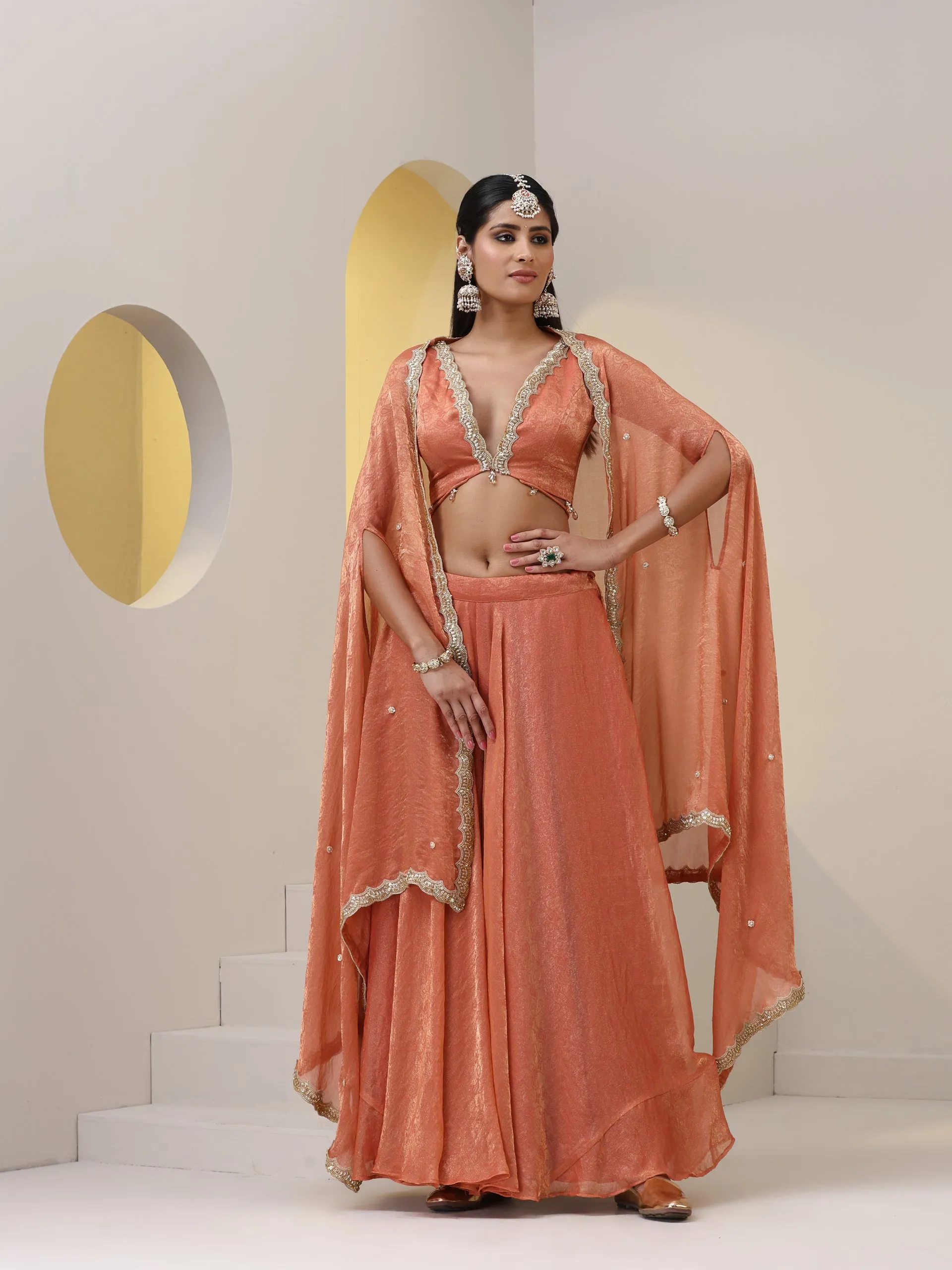 3 pc SET - Peach Paisley Sharara with Blouse Fabric and Jacket with Beading