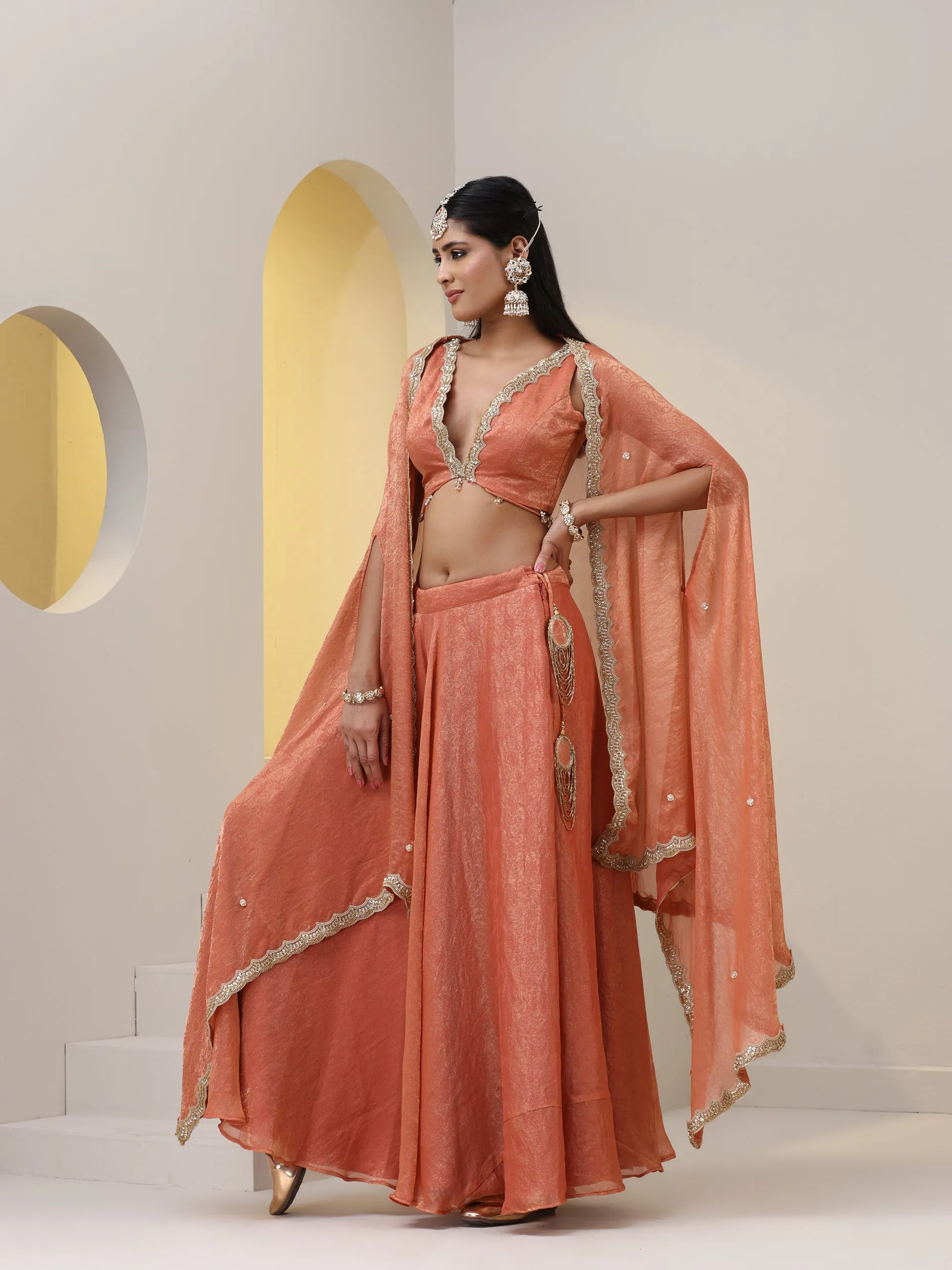 3 pc SET - Peach Paisley Sharara with Blouse Fabric and Jacket with Beading