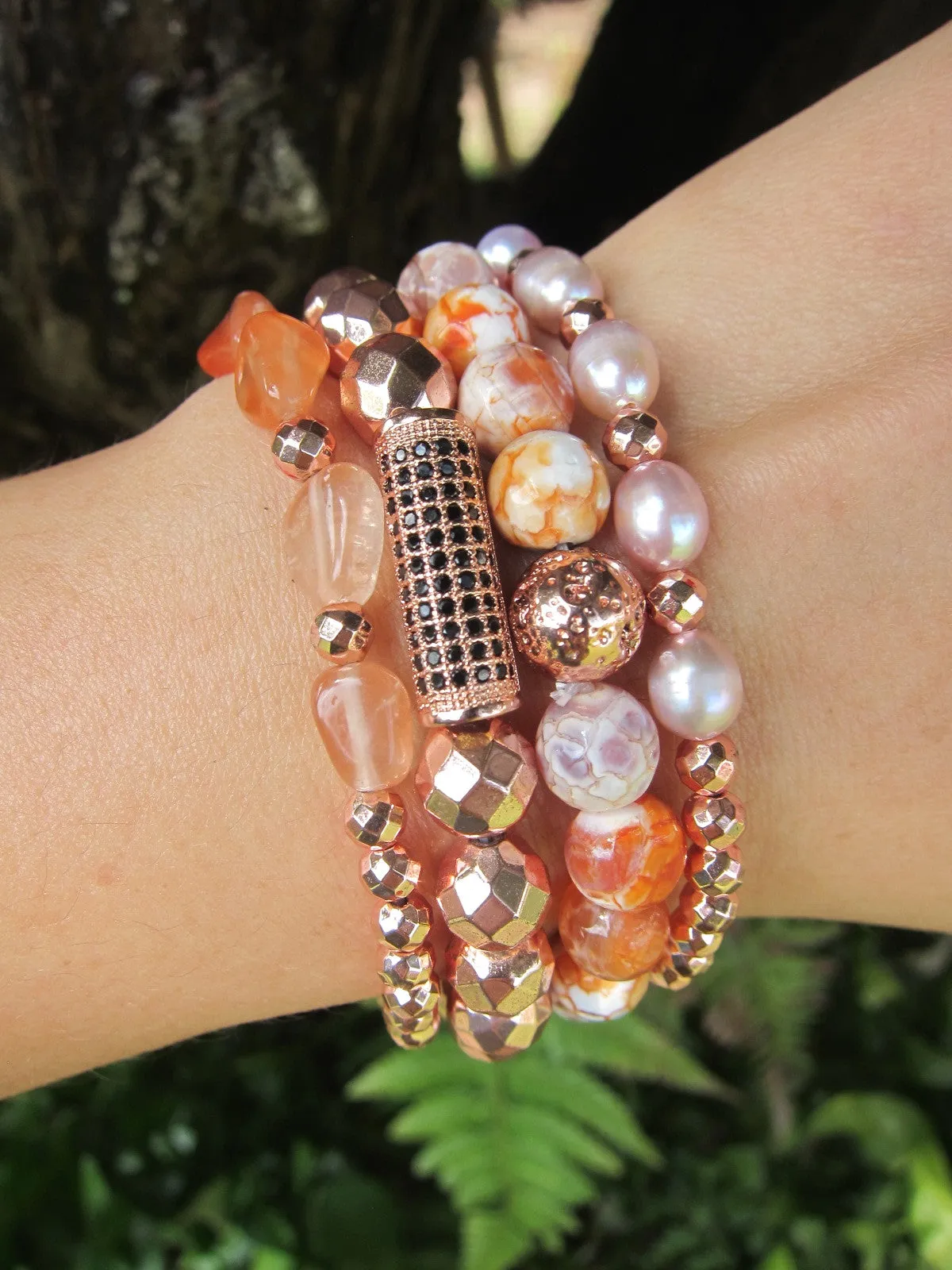 4 Piece Set - Carnelian, Orange Agate, Rose Gold Hematite Mala Stack Bracelets - Sacral Chakra