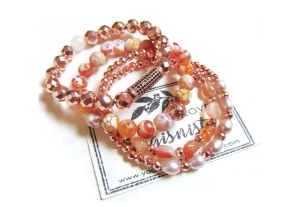 4 Piece Set - Carnelian, Orange Agate, Rose Gold Hematite Mala Stack Bracelets - Sacral Chakra