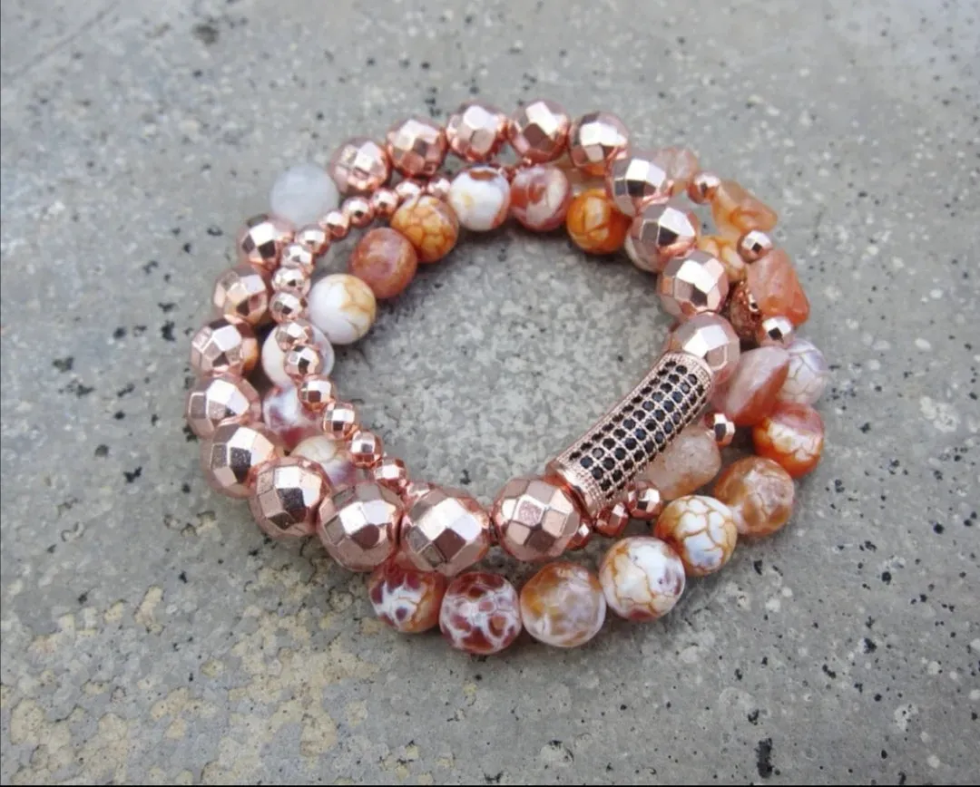 4 Piece Set - Carnelian, Orange Agate, Rose Gold Hematite Mala Stack Bracelets - Sacral Chakra