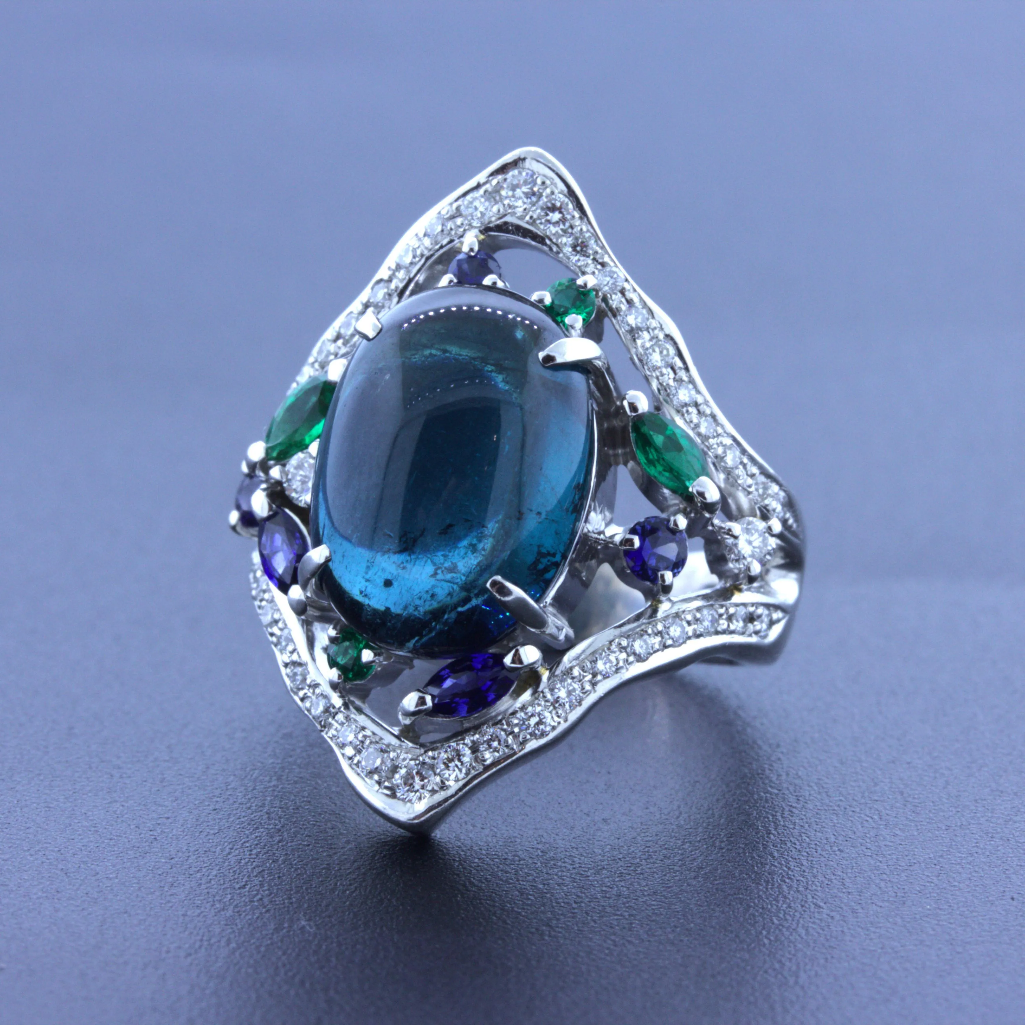 7.32 Carat Cabochon Indicolite Tourmaline Diamond Emerald Sapphire Platinum Ring