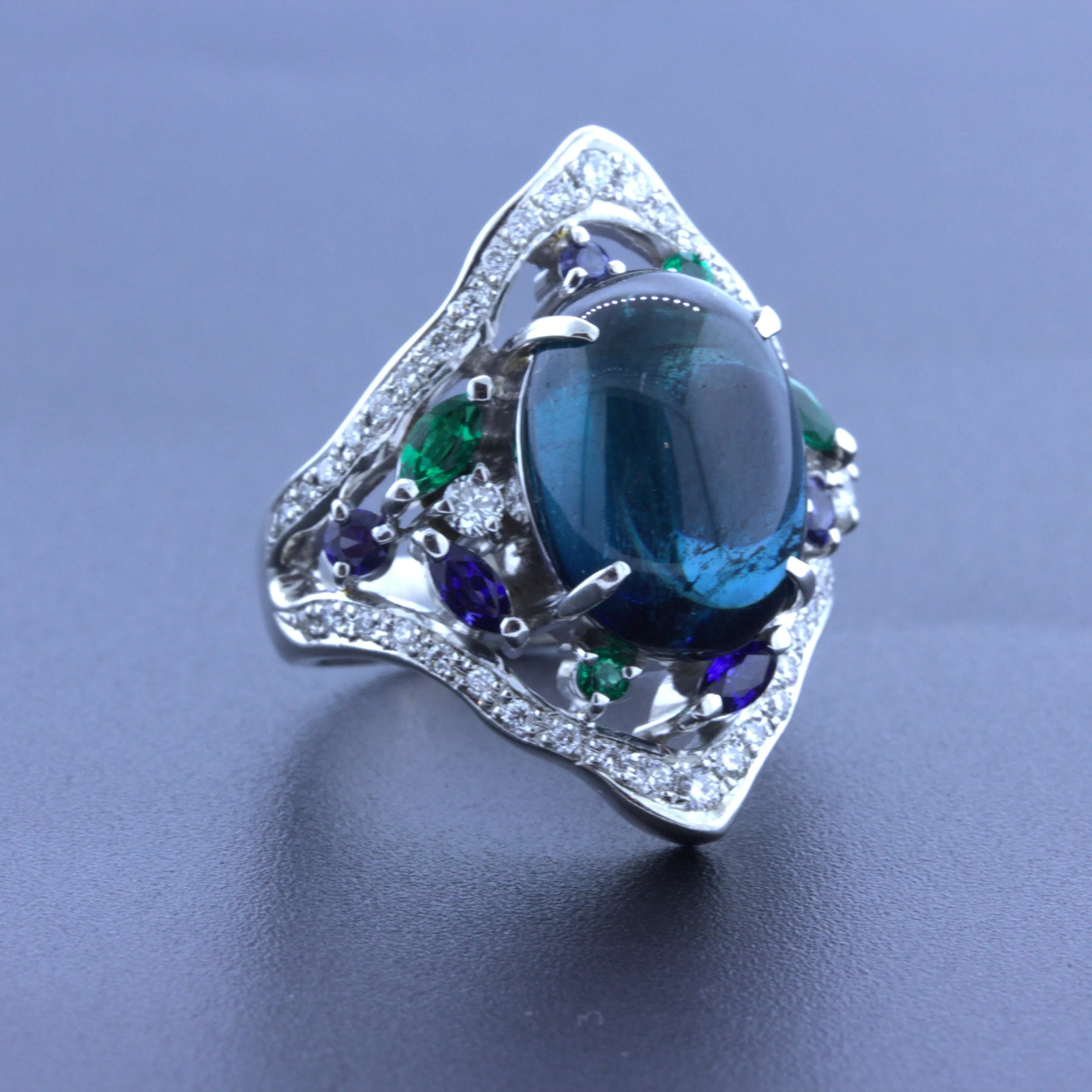 7.32 Carat Cabochon Indicolite Tourmaline Diamond Emerald Sapphire Platinum Ring