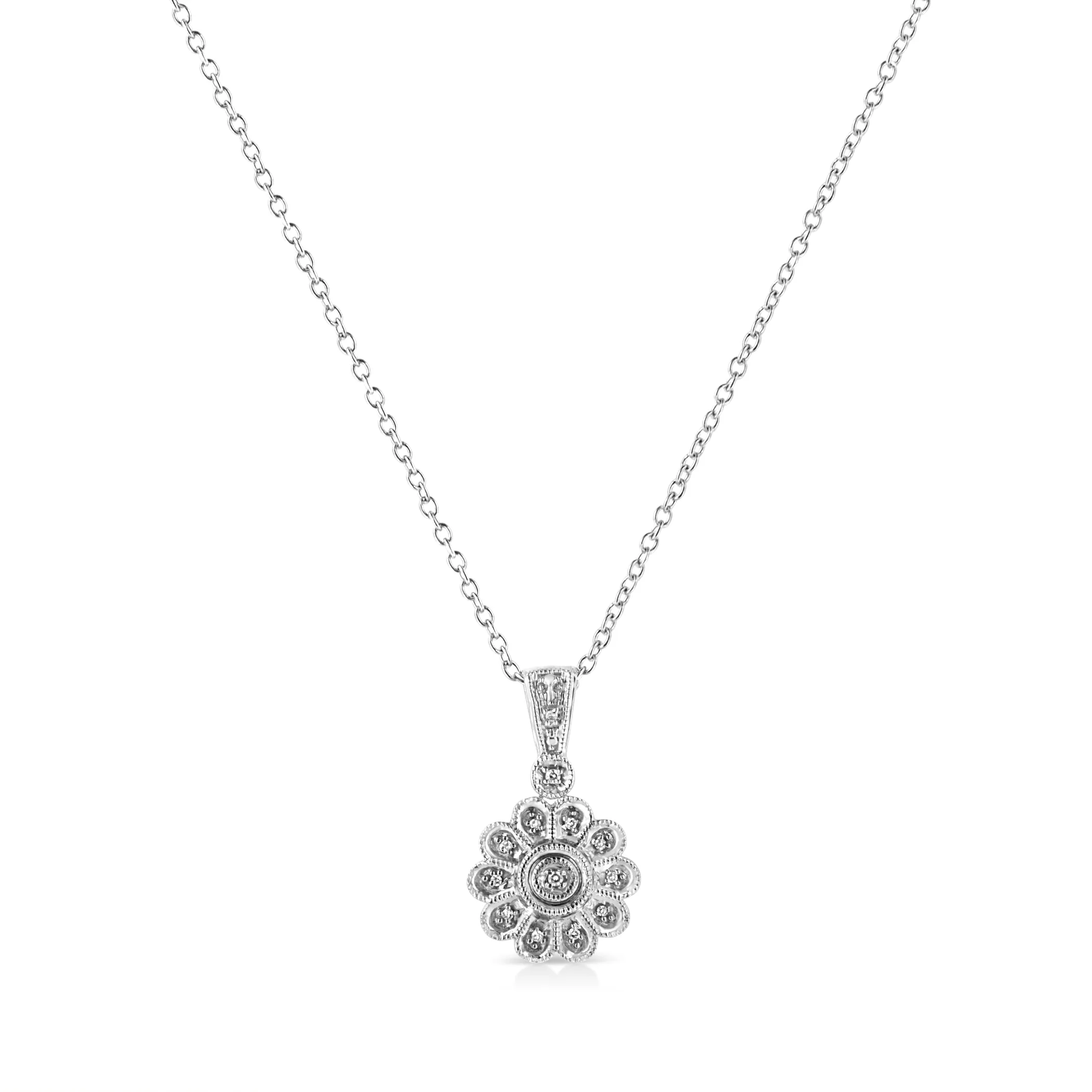 .925 Sterling Silver Diamond Accent Sunburst Milgrain 18" Pendant Necklace (I-J Color, I1-I2 Clarity)