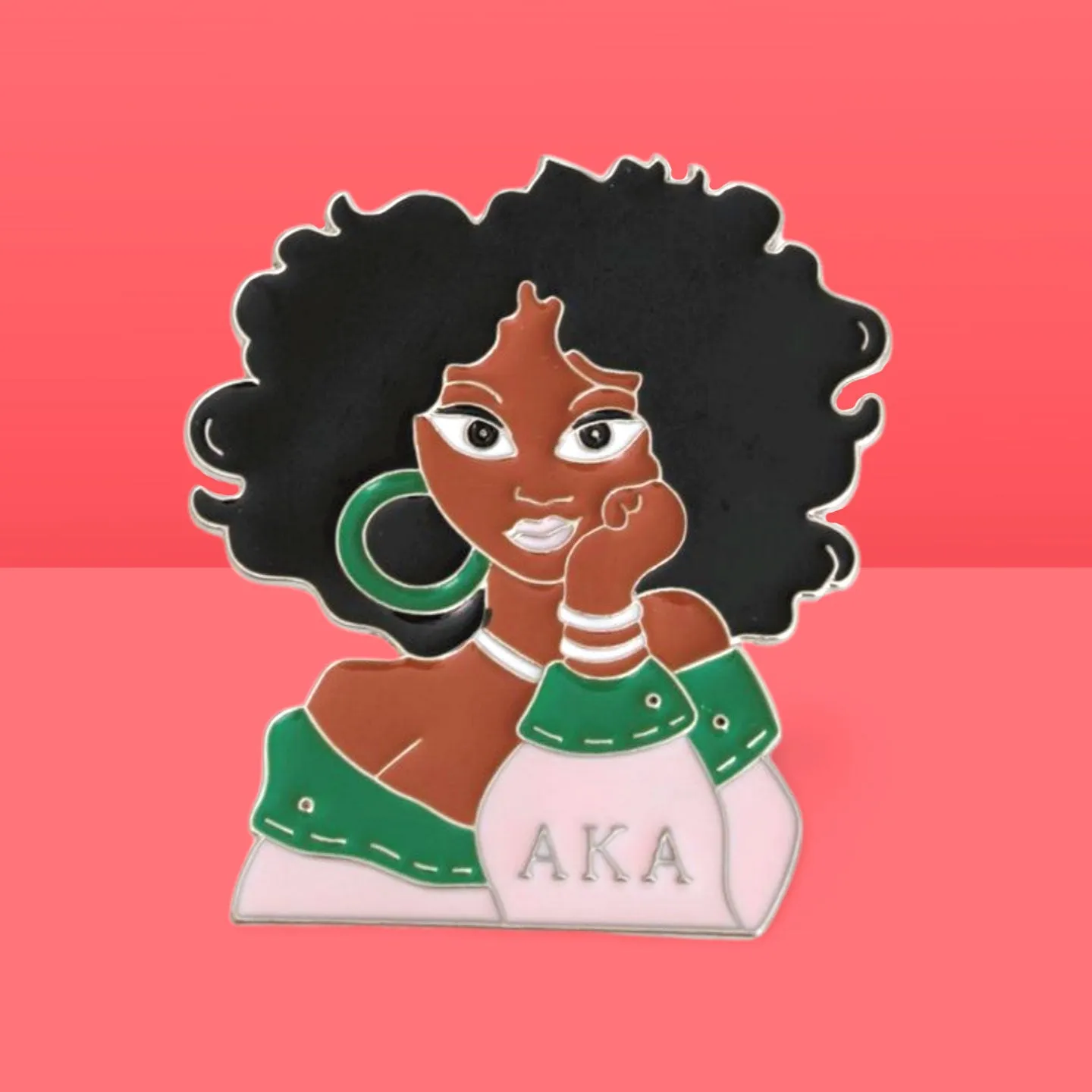 Alpha Kappa Alpha AKA Inspired Pink and Green Brooch Curly Hair Woman Pin