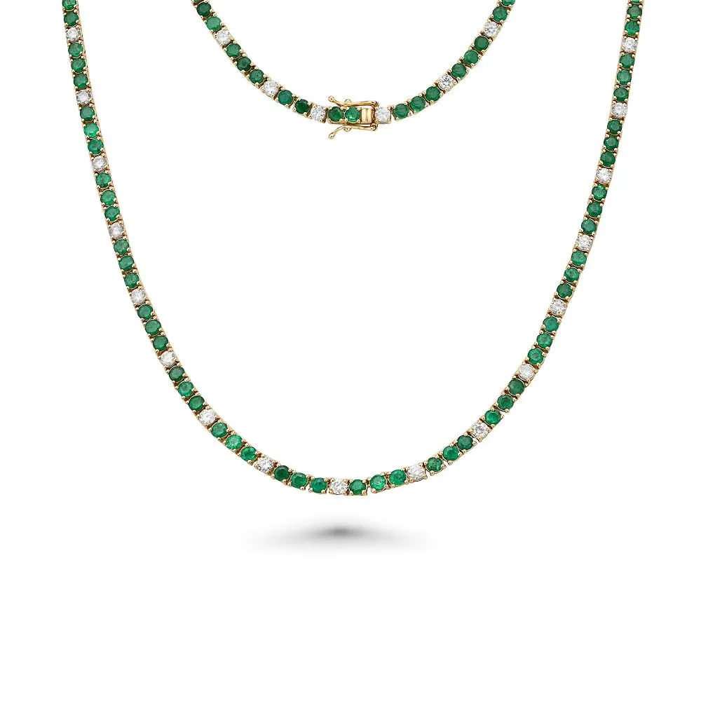 Alternate Diamond & Emerald Tennis Necklace ( 11.50 ct.) 4-Prongs Setting in 14K Gold