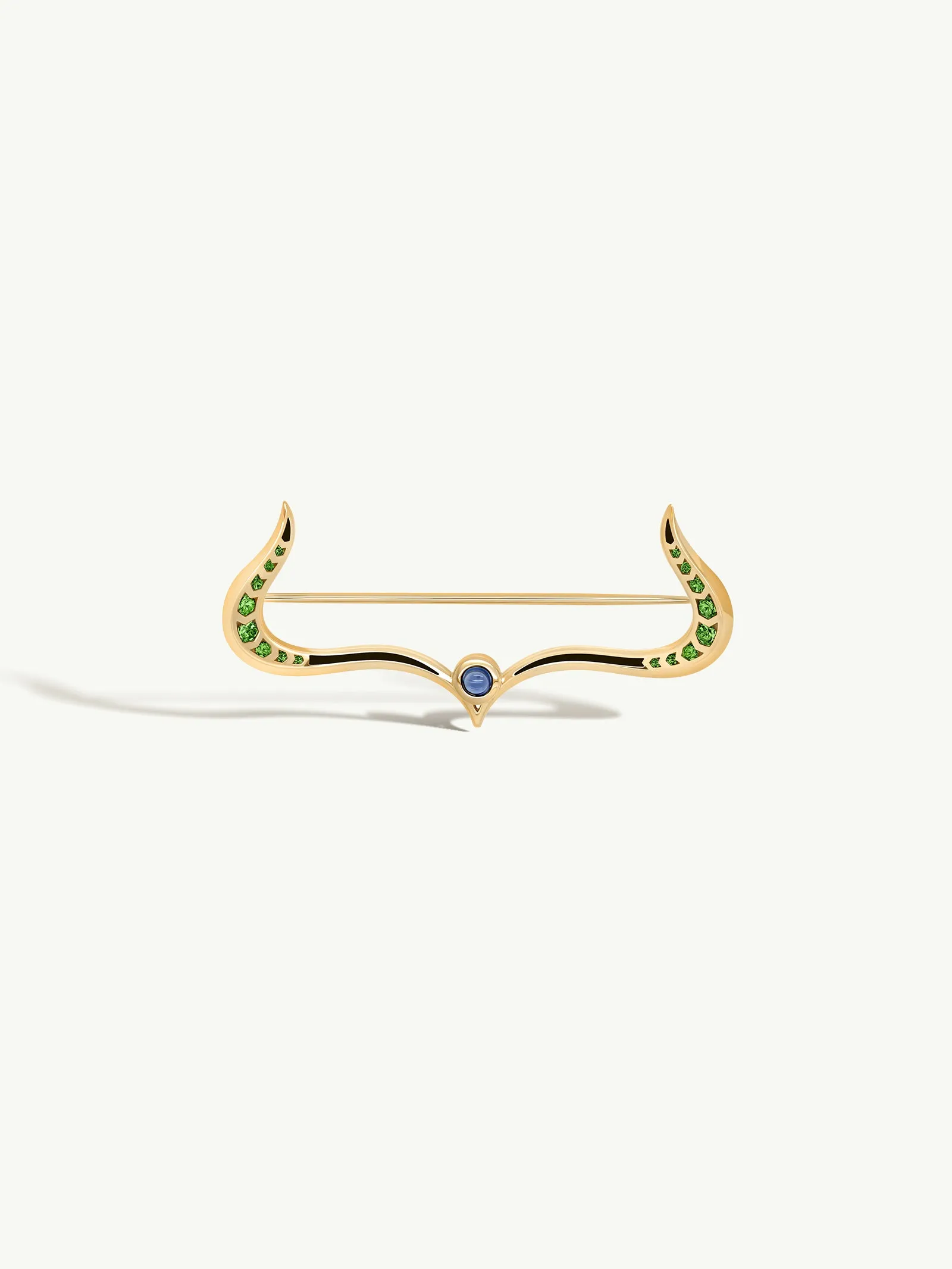 Amun-Ra Taurus Lapel Brooch Pin With Tsavorite Garnets & Sapphire In 18K Yellow Gold