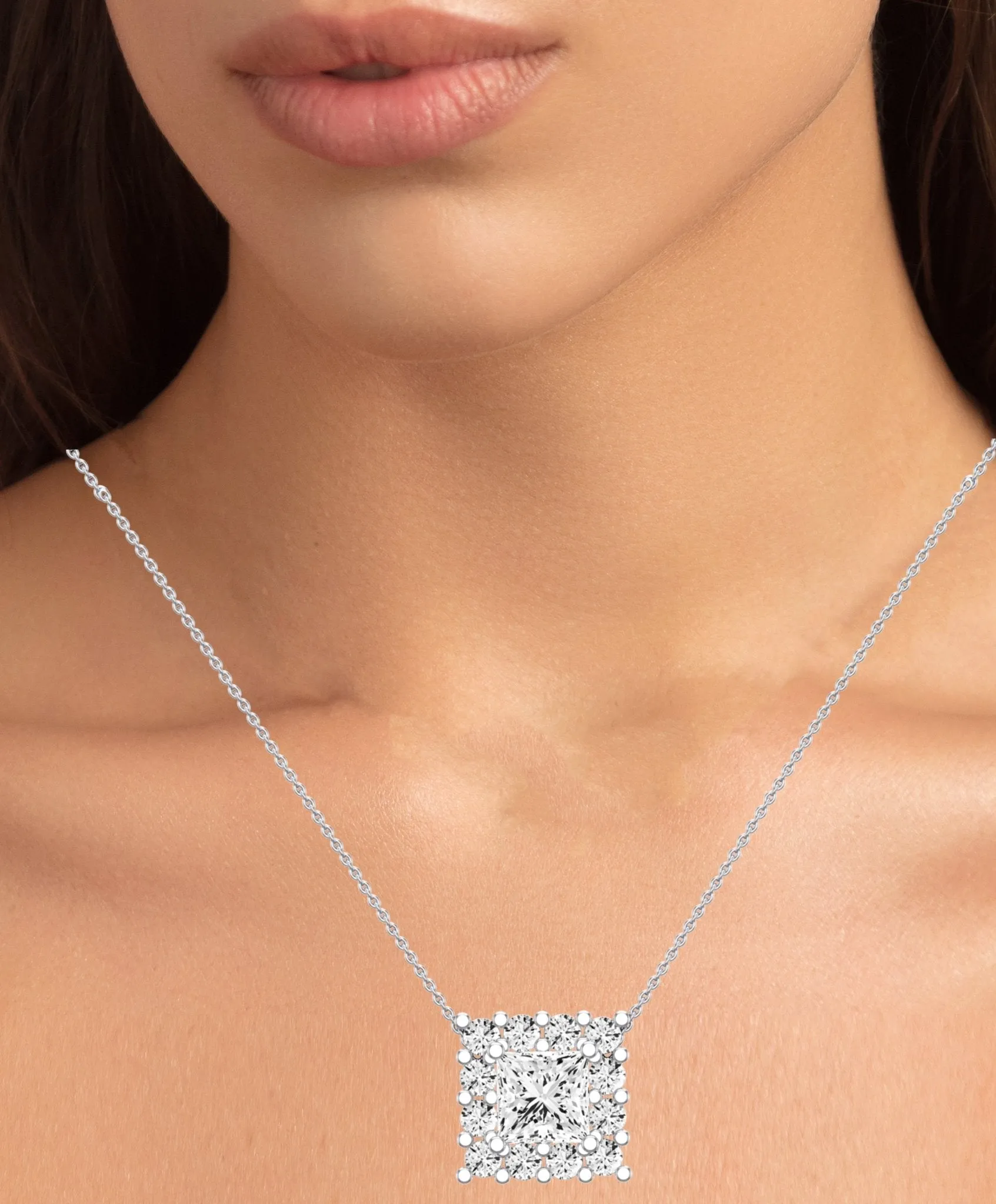 Angelwing Princess Cut Diamond Halo Necklace