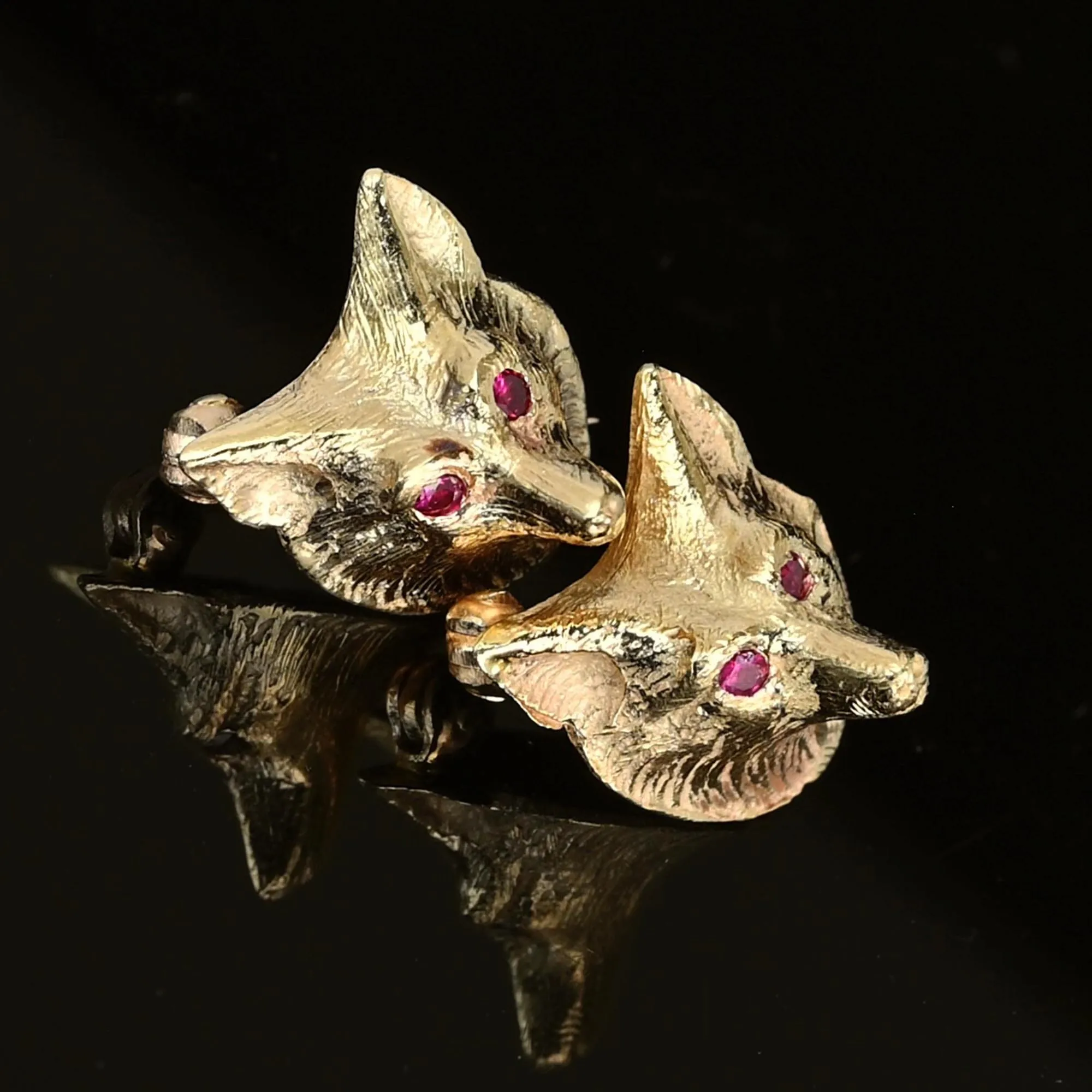 Antique 14K Gold Pair of Ruby Eye Fox Brooch Scatter Pins