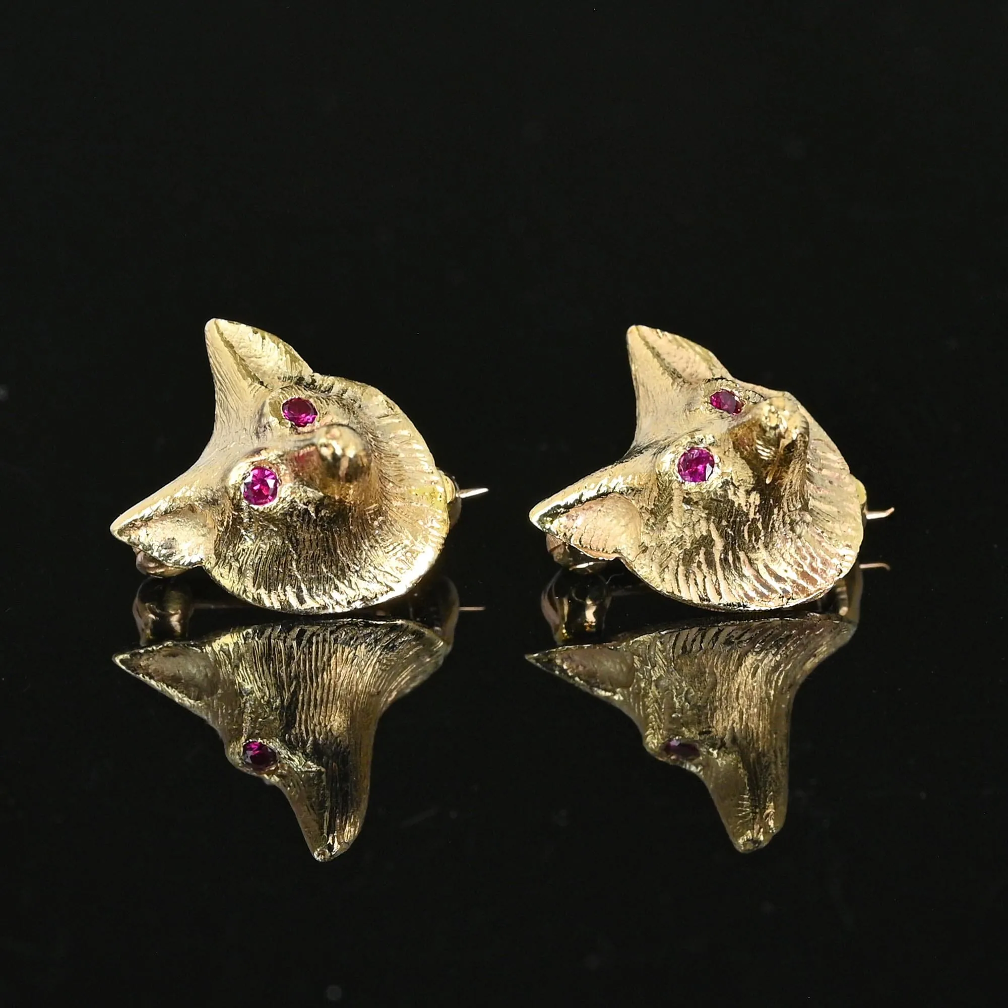 Antique 14K Gold Pair of Ruby Eye Fox Brooch Scatter Pins