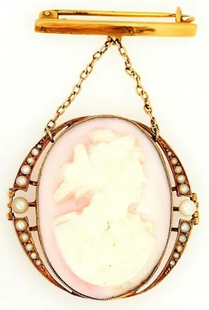 Antique (c.1900) Conch Shell Cameo & Seed Pearl 15ct Yellow Gold Drop Brooch