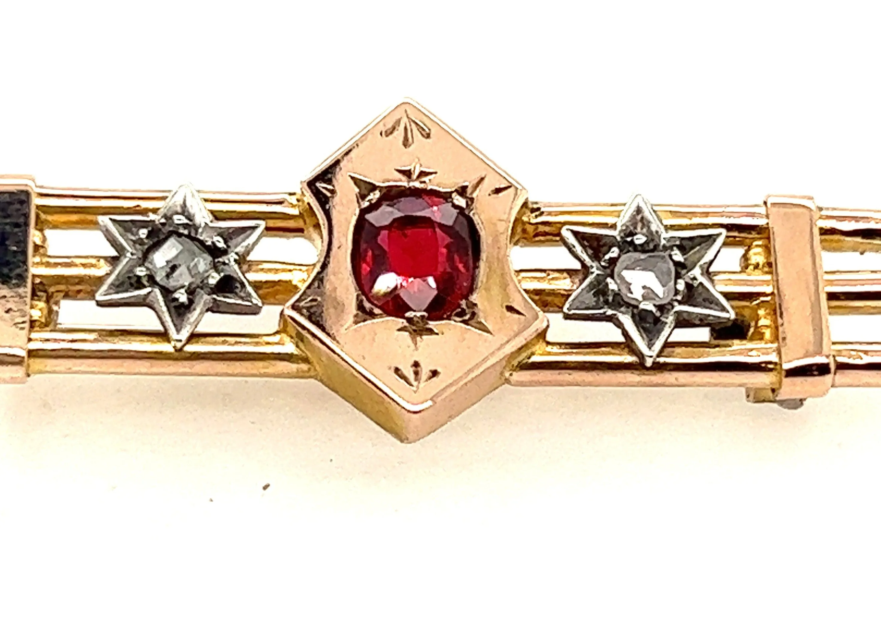 Antique Garnet & Diamond 9ct Yellow Gold Three Bar Brooch Circa 1900