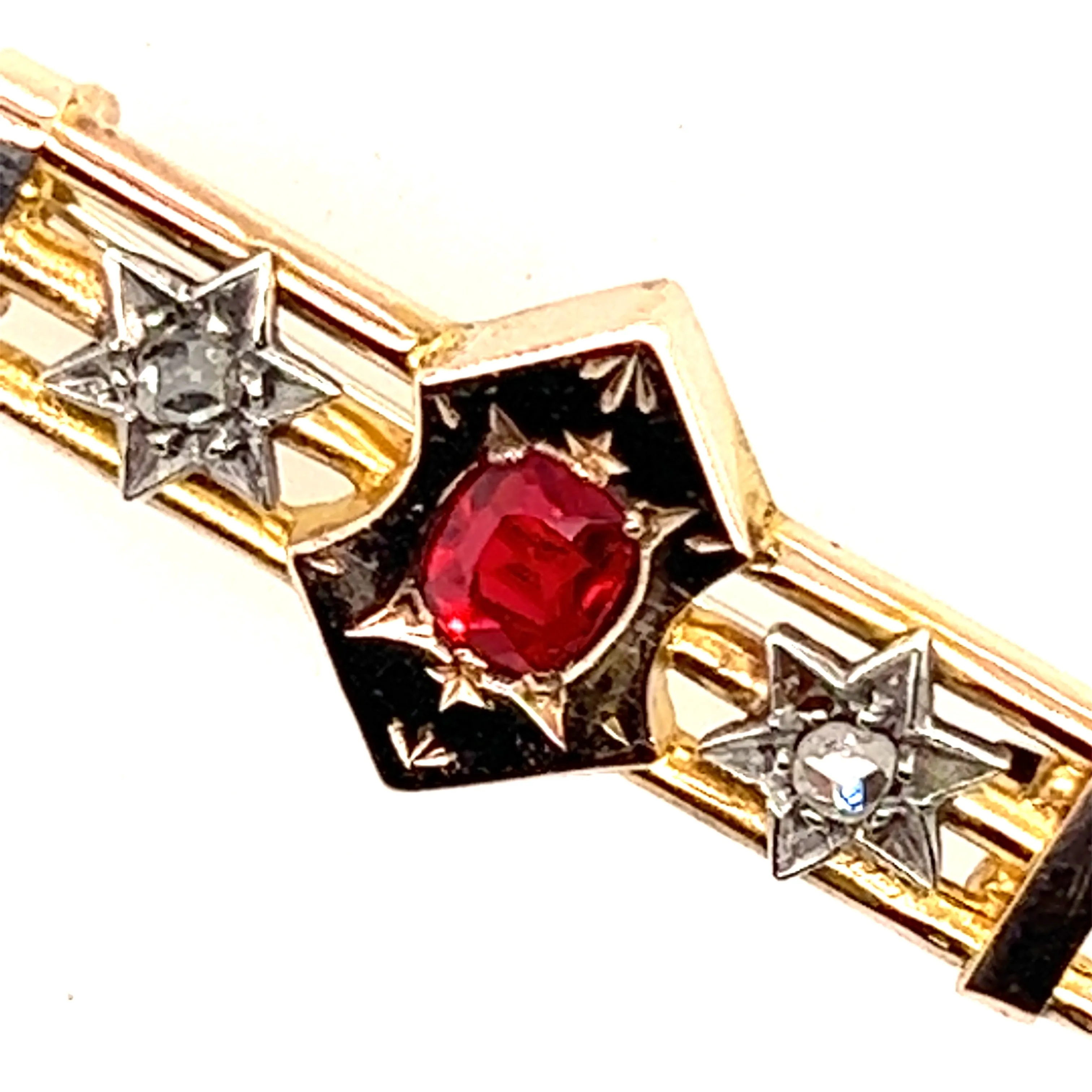 Antique Garnet & Diamond 9ct Yellow Gold Three Bar Brooch Circa 1900