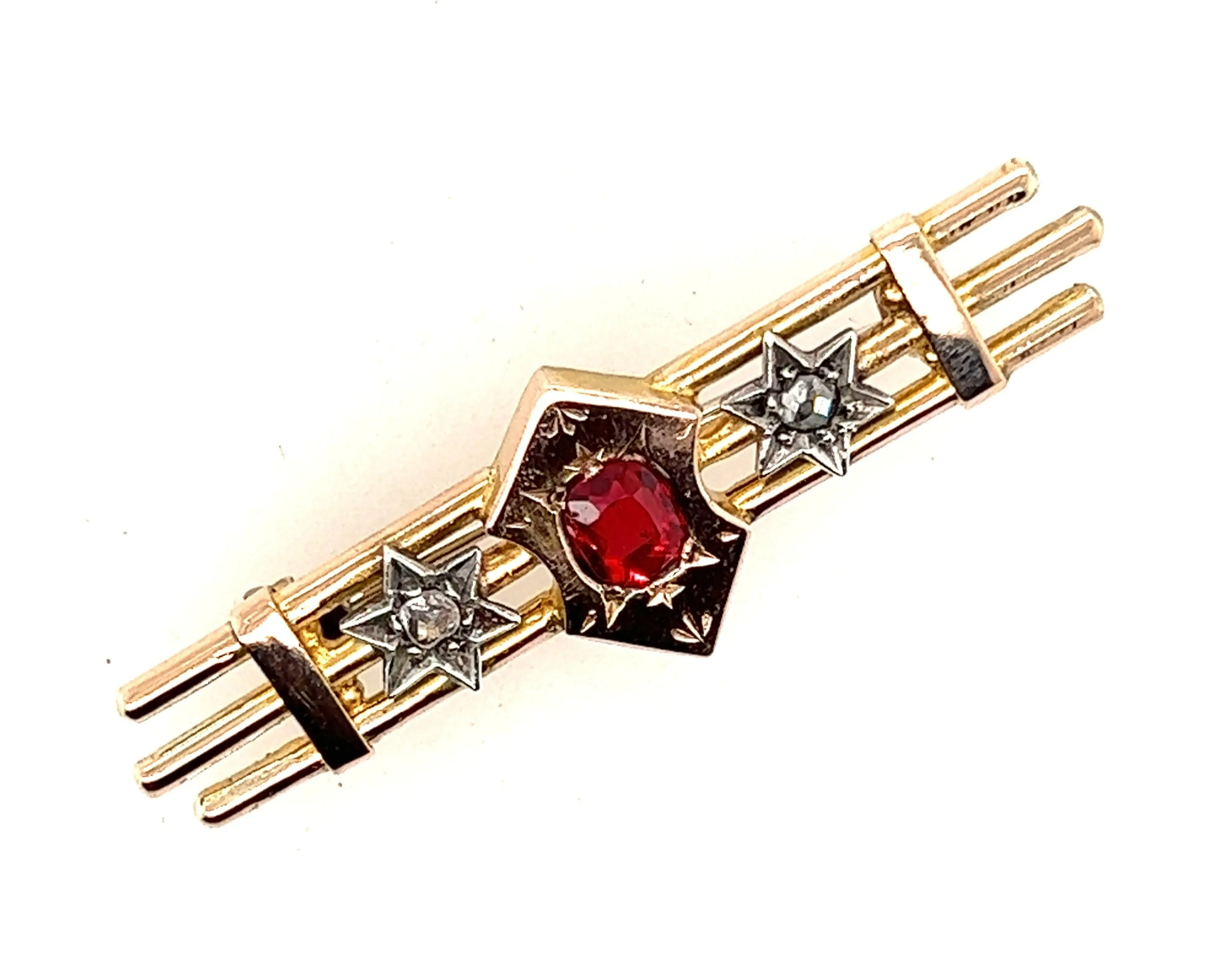 Antique Garnet & Diamond 9ct Yellow Gold Three Bar Brooch Circa 1900