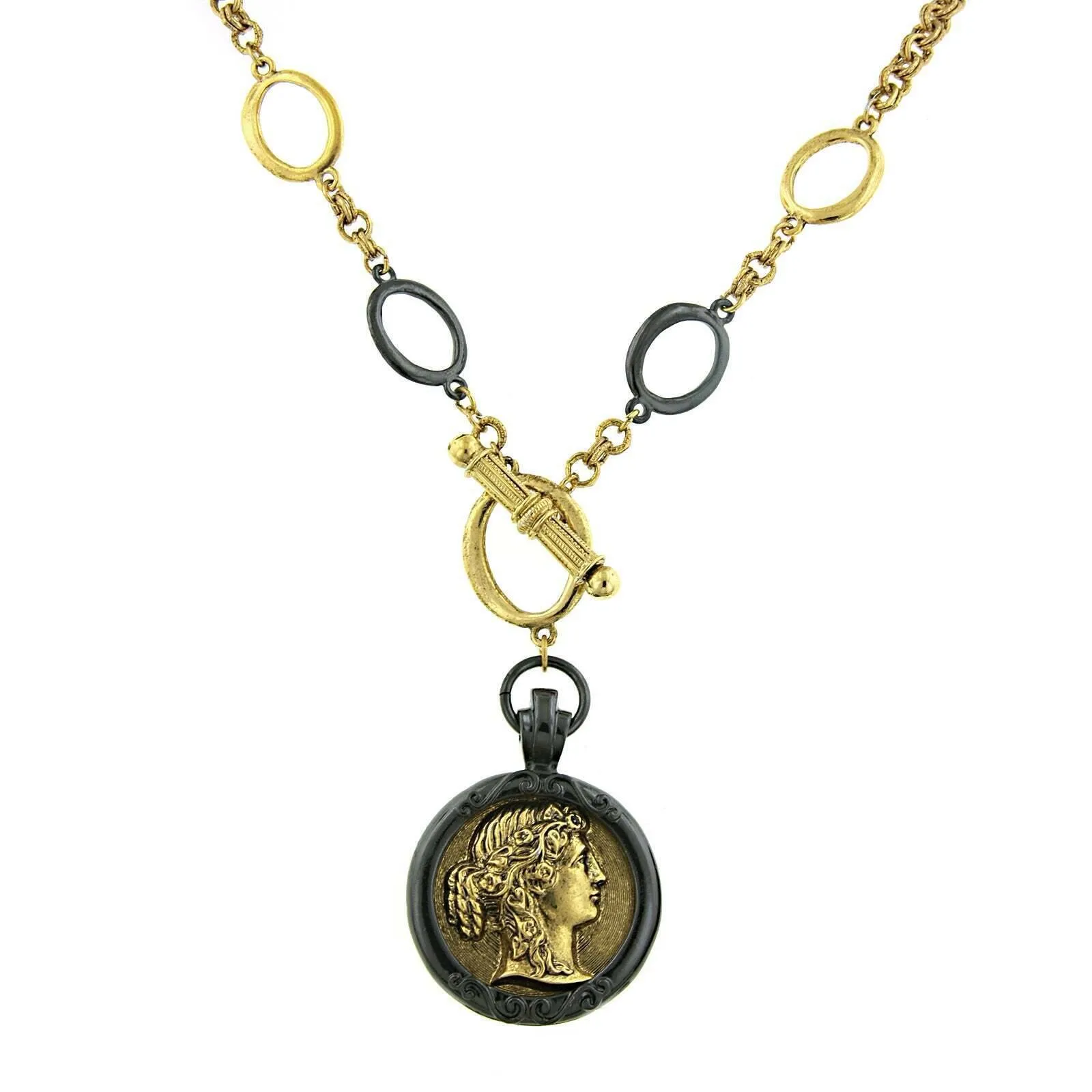 Antiquities Couture Black And Gold Grecian Cameo Pendant Necklace 18"