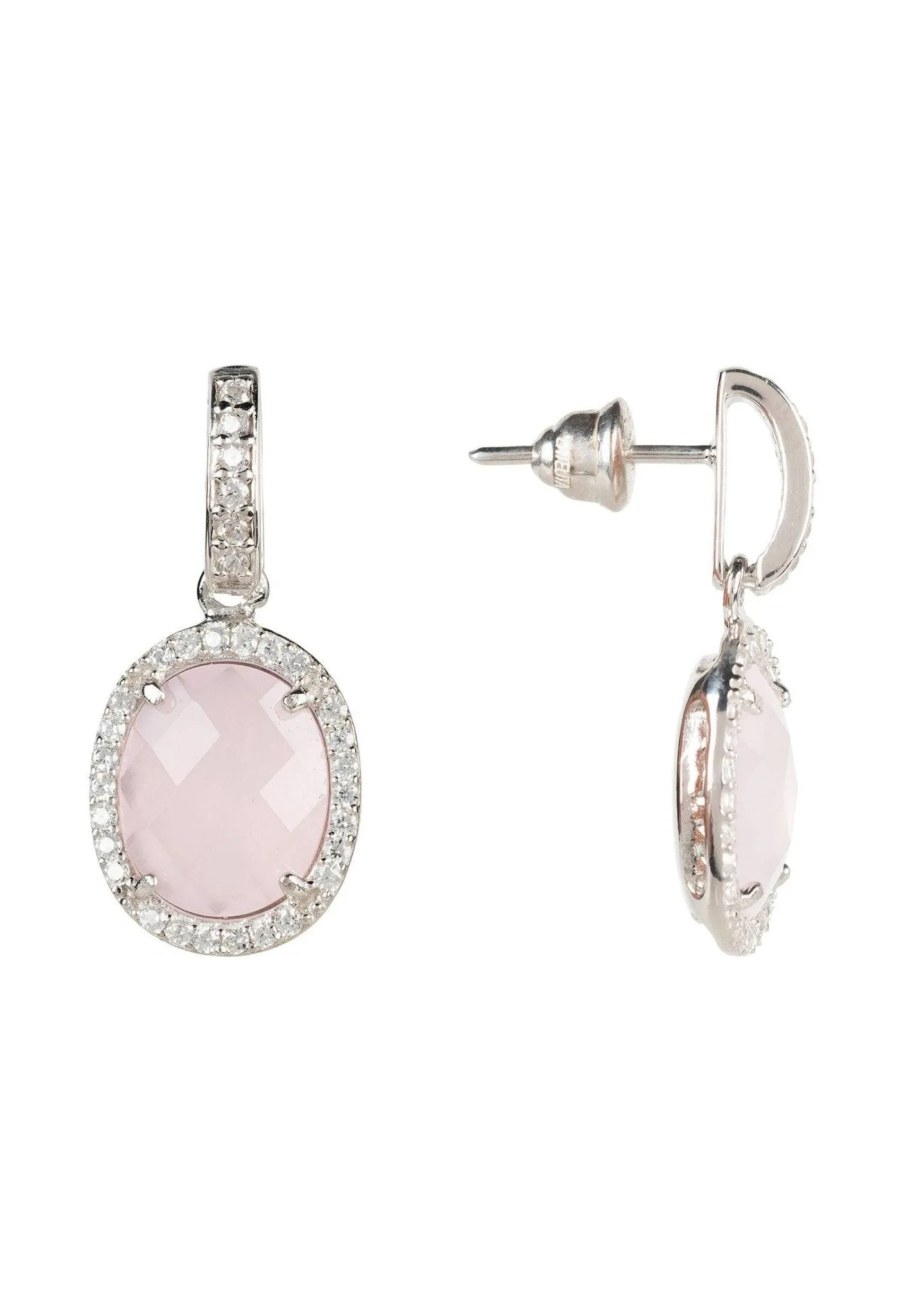 Beatrice Oval Gemstone Drop Earrings Silver Rose Quartz