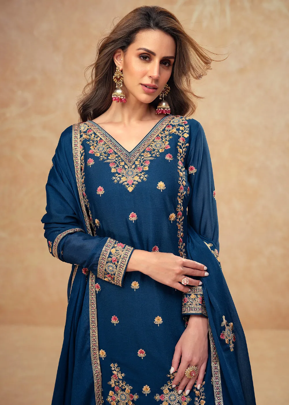 Beautific Blue Premium Chinnon Silk Wedding Palazzo Suit