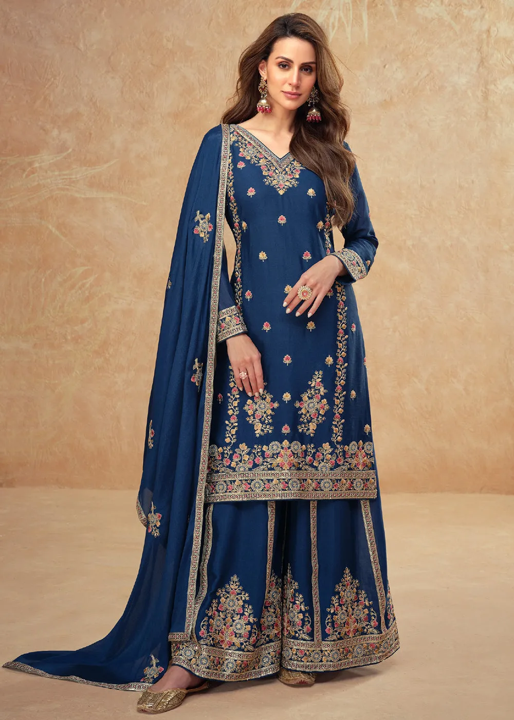 Beautific Blue Premium Chinnon Silk Wedding Palazzo Suit