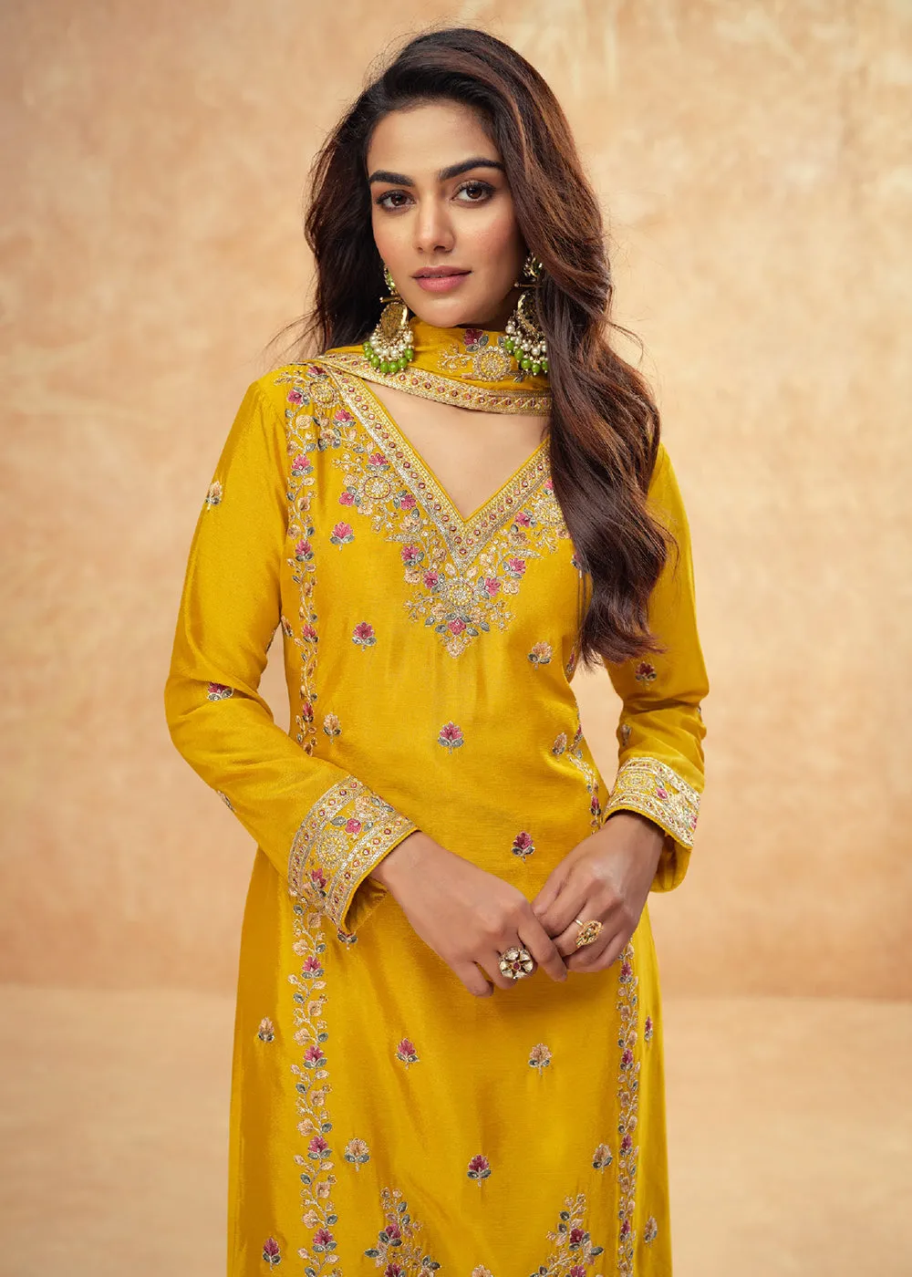 Beautific Yellow Premium Chinnon Silk Wedding Palazzo Suit