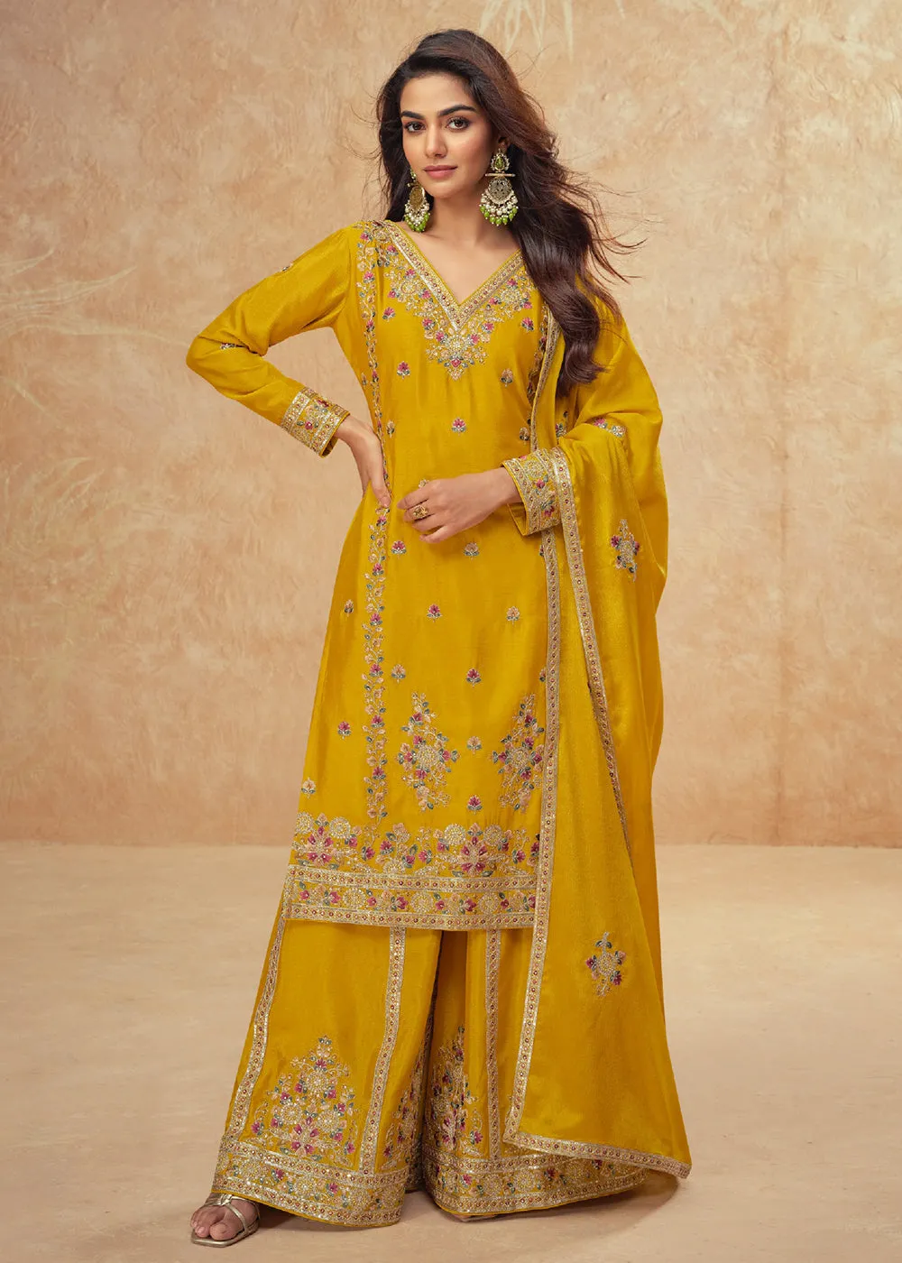 Beautific Yellow Premium Chinnon Silk Wedding Palazzo Suit