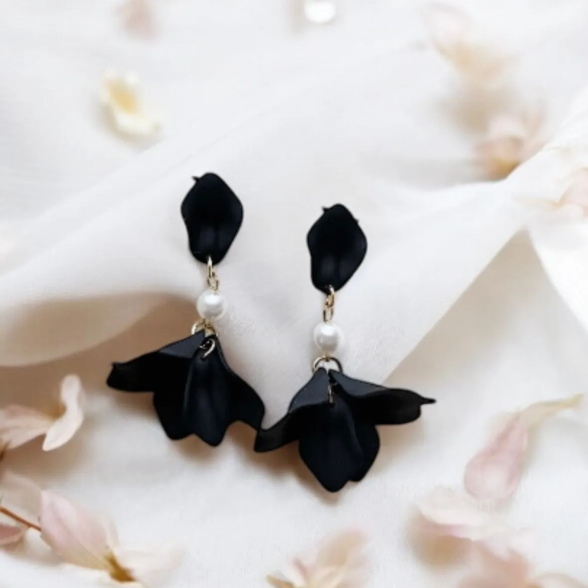 Black - flowers earrings dangly earrings | frosted petals hoop pearl statement earrings | golden disc geometric floral earrings