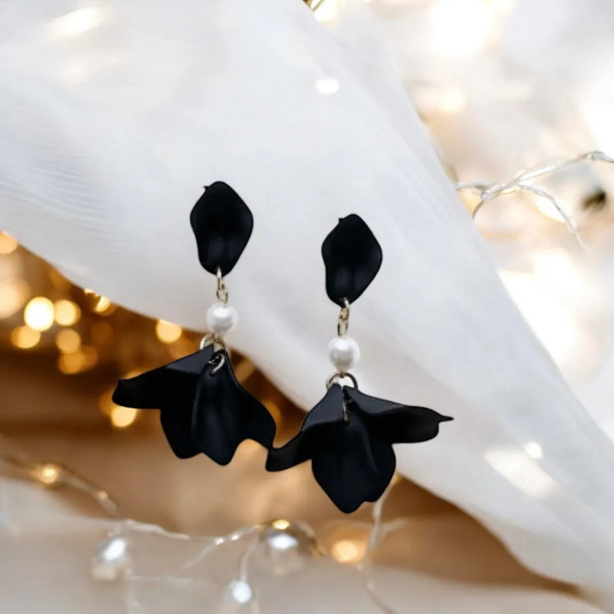 Black - flowers earrings dangly earrings | frosted petals hoop pearl statement earrings | golden disc geometric floral earrings