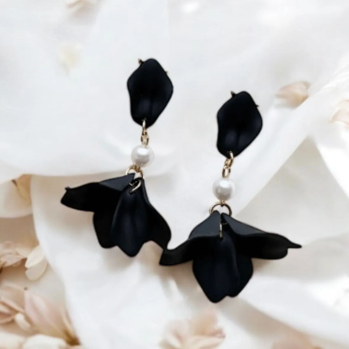 Black - flowers earrings dangly earrings | frosted petals hoop pearl statement earrings | golden disc geometric floral earrings