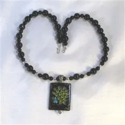 Black Onyx Bead  Necklace  Handmade Peacock Pendant