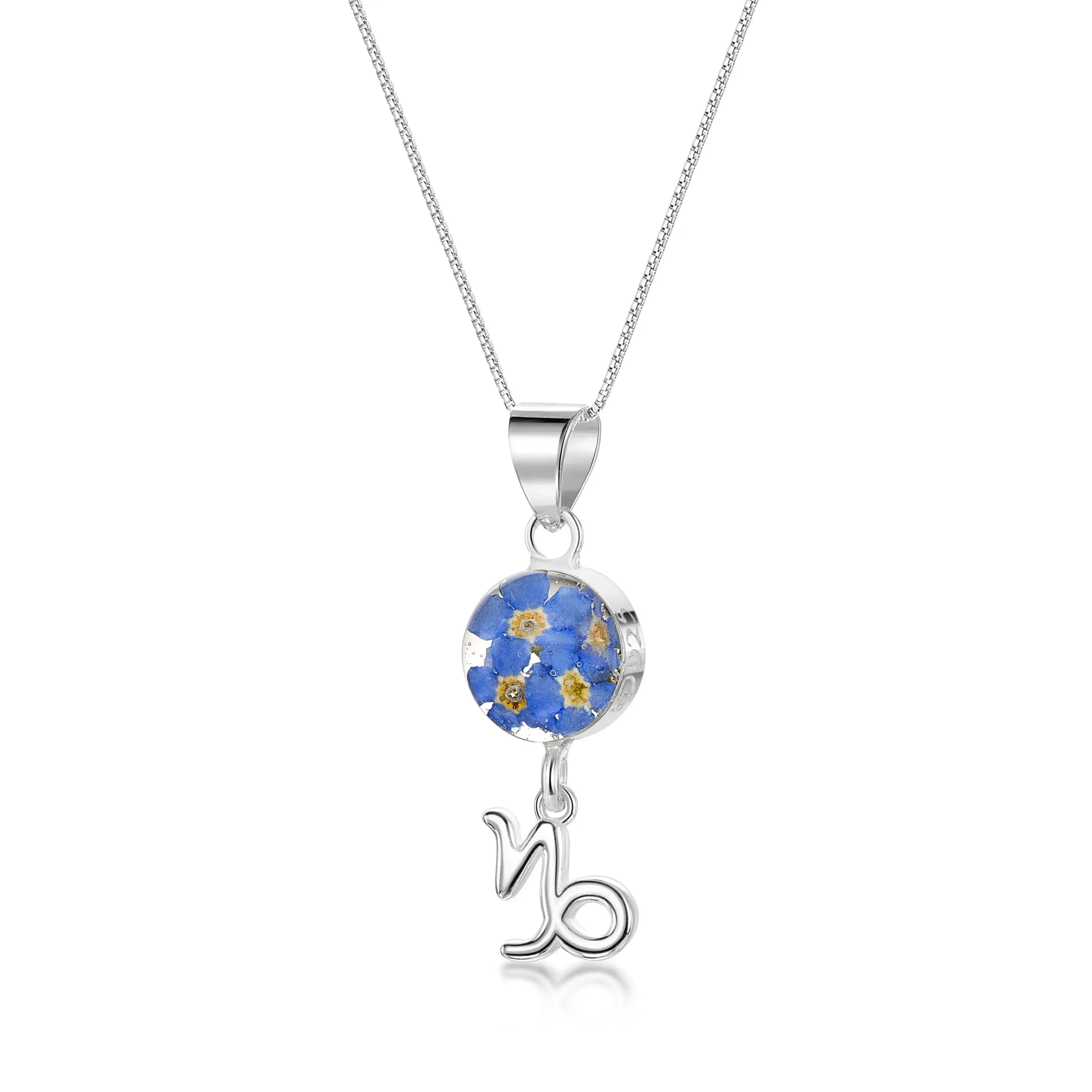 Capricorn Necklace - Sterling silver pendant with real flowers & a zodiac charm.   More Options...