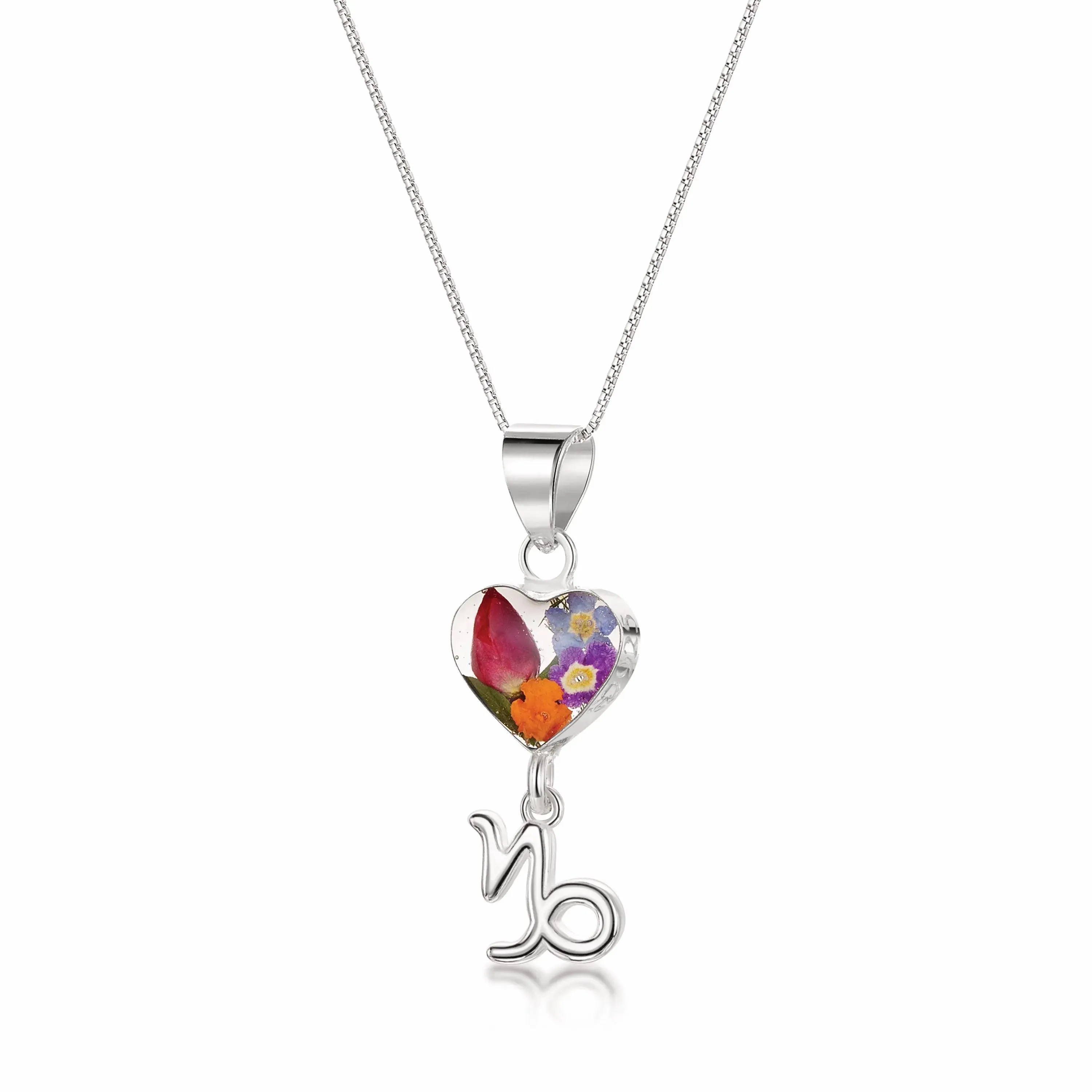 Capricorn Necklace - Sterling silver pendant with real flowers & a zodiac charm.   More Options...