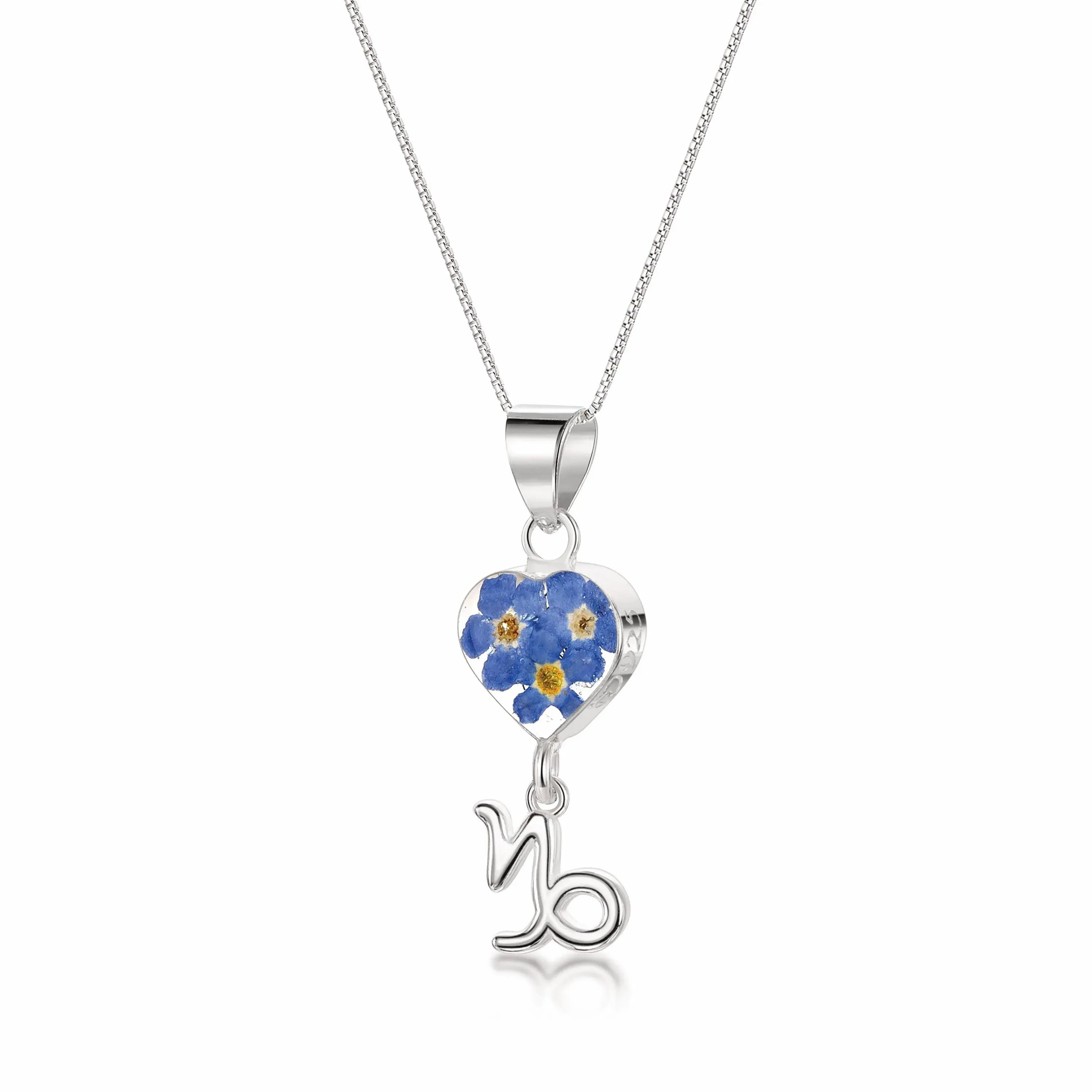 Capricorn Necklace - Sterling silver pendant with real flowers & a zodiac charm.   More Options...