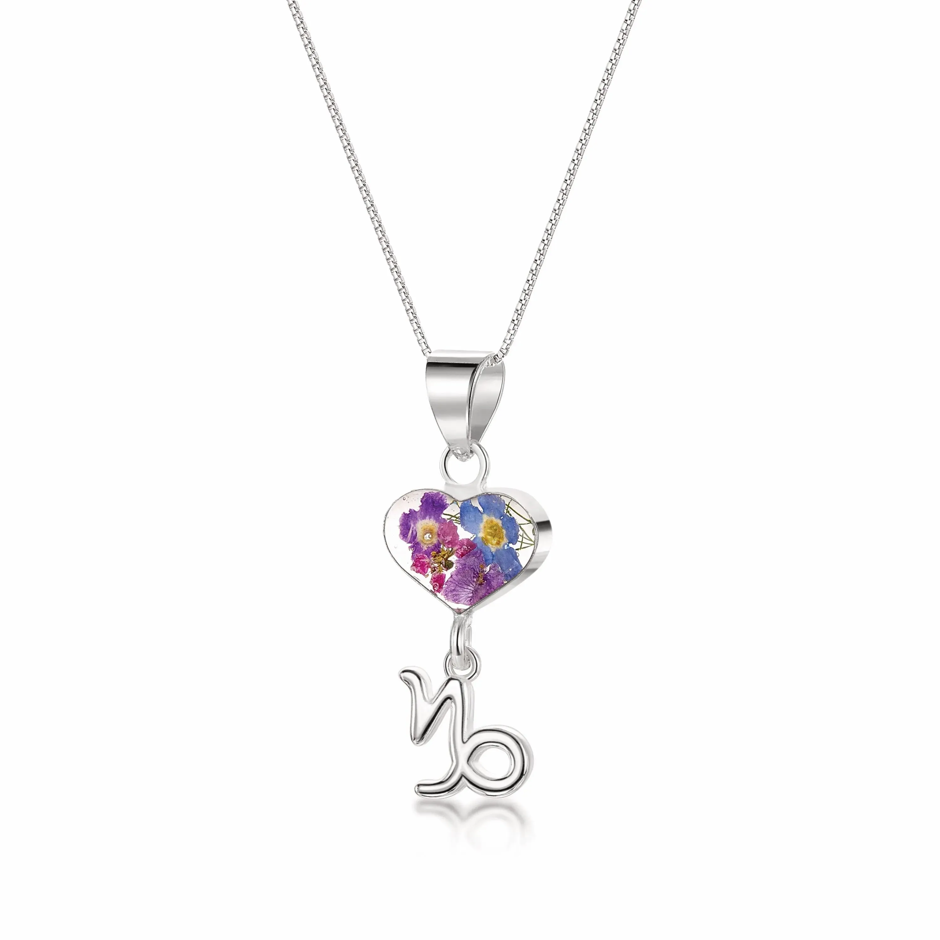 Capricorn Necklace - Sterling silver pendant with real flowers & a zodiac charm.   More Options...