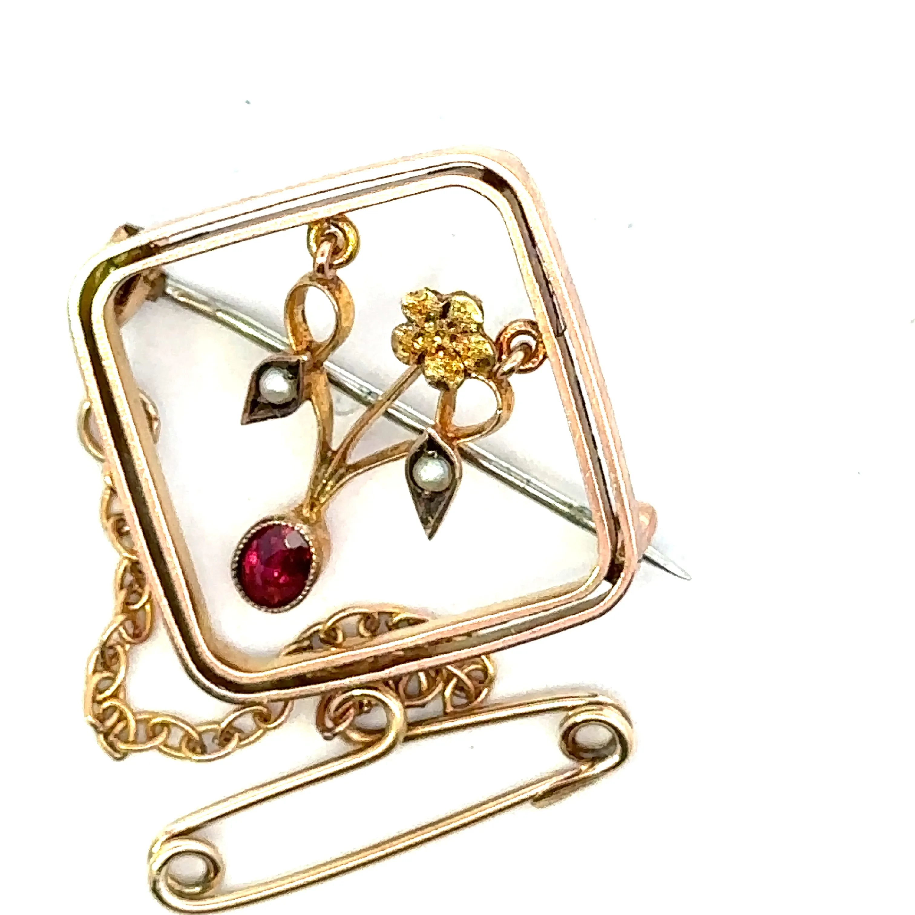 Delightful 9ct Yellow Gold Ruby and Pearl Brooch