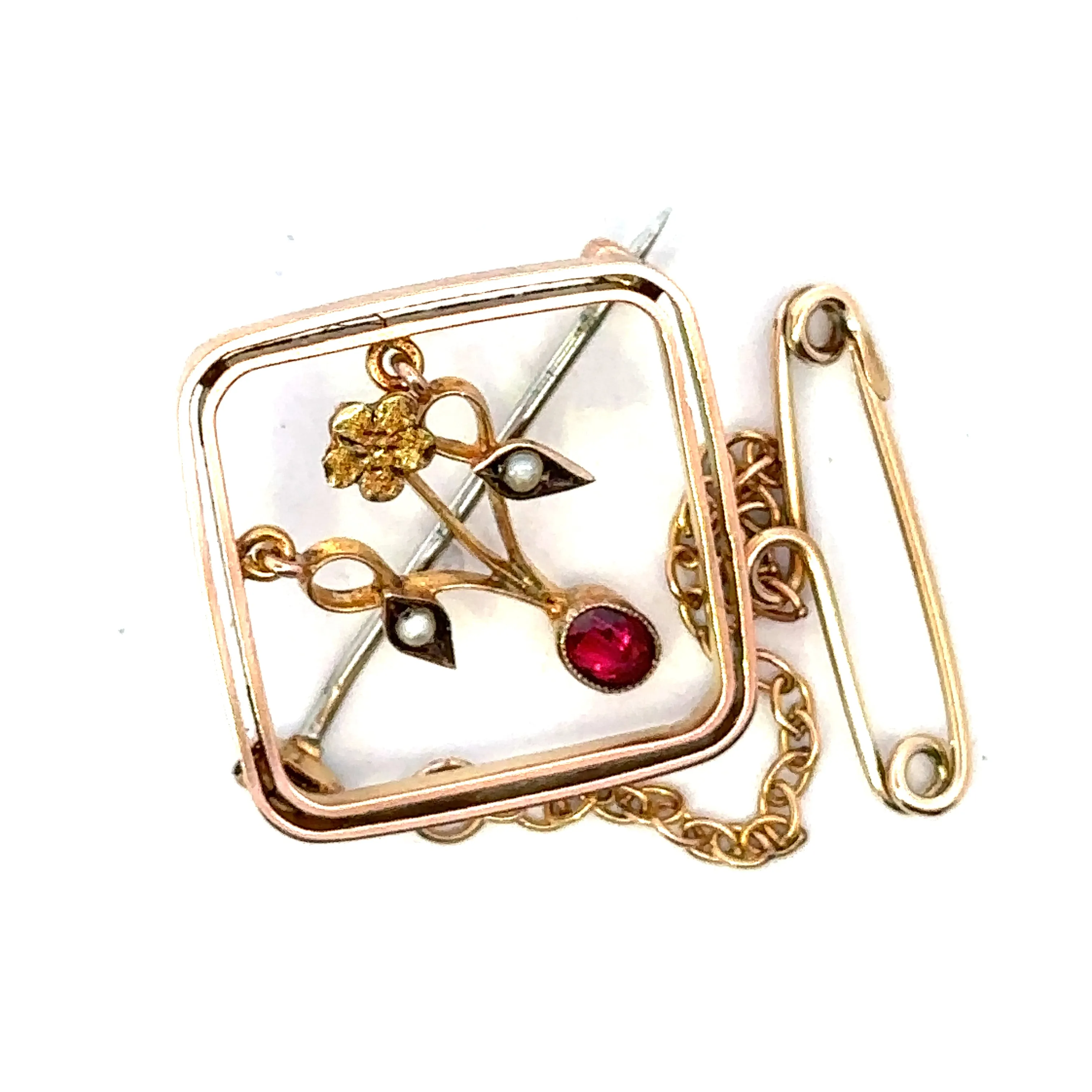 Delightful 9ct Yellow Gold Ruby and Pearl Brooch