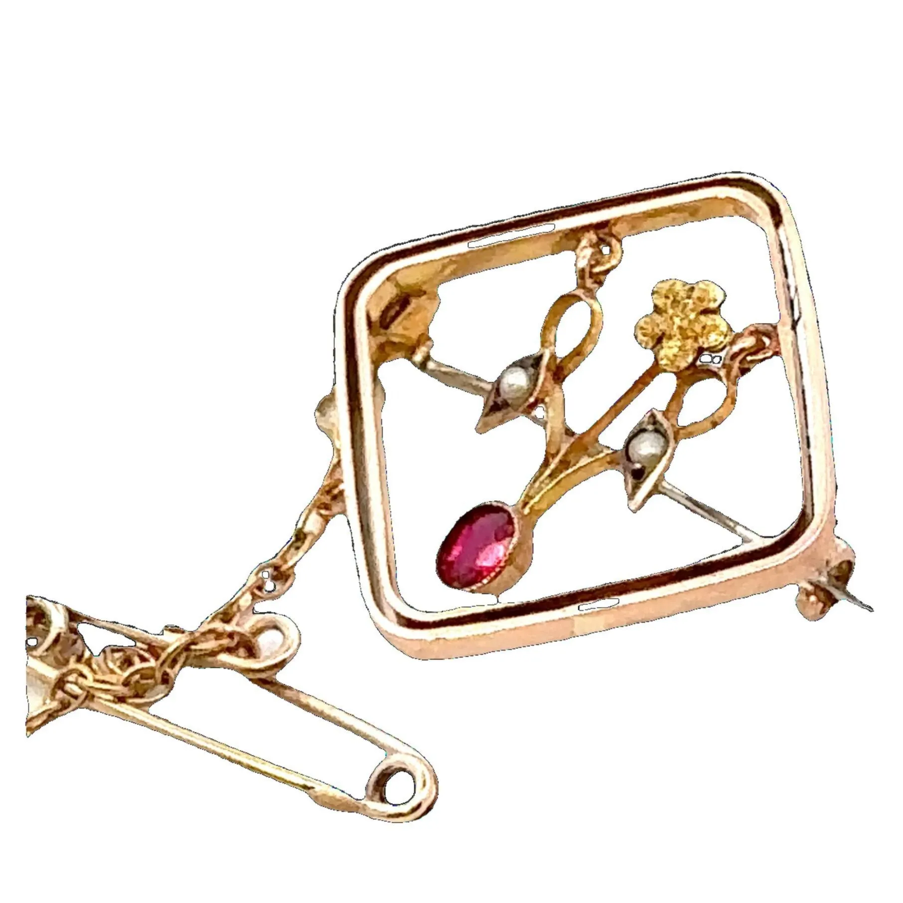 Delightful 9ct Yellow Gold Ruby and Pearl Brooch