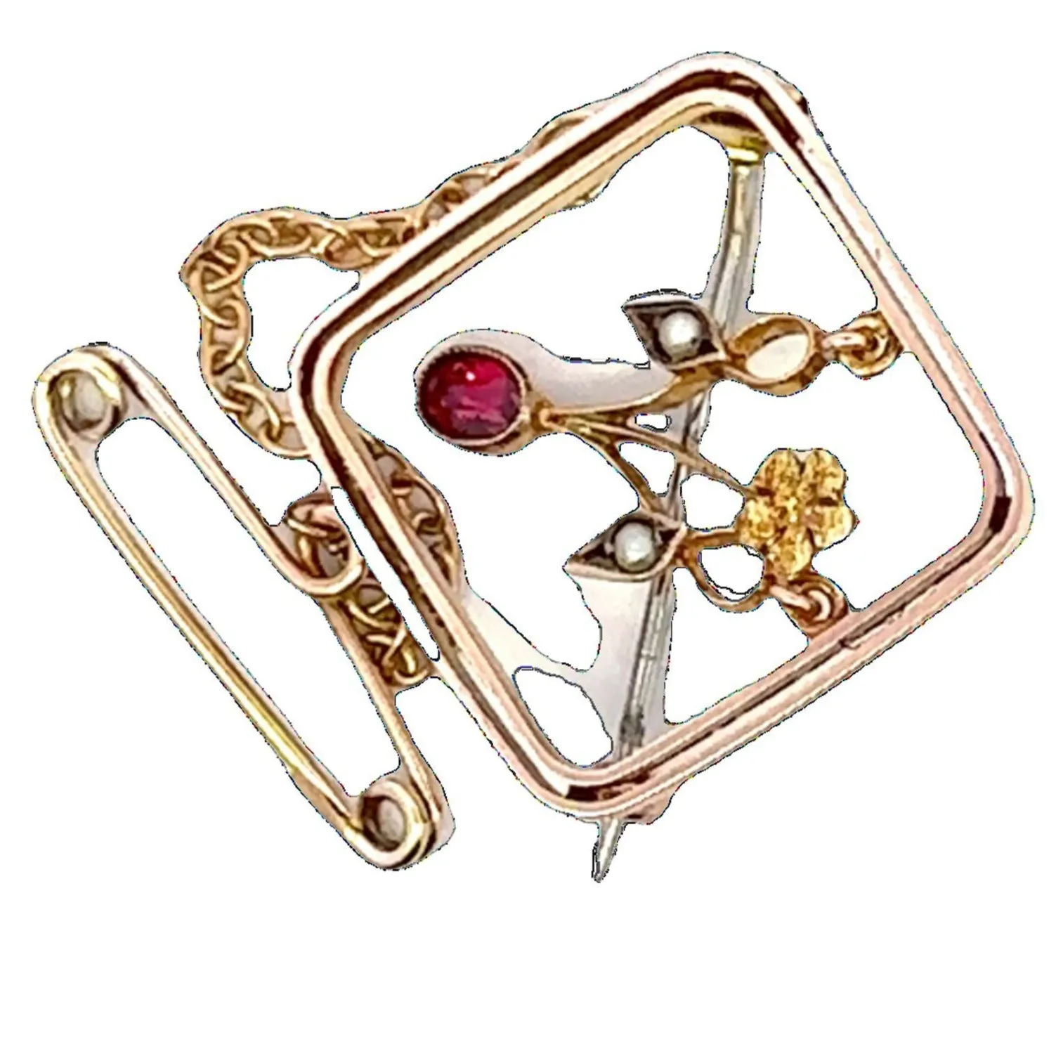 Delightful 9ct Yellow Gold Ruby and Pearl Brooch