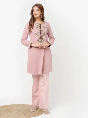 Dusty Pink Thread Work Woollen Kurti for Women with Brooch