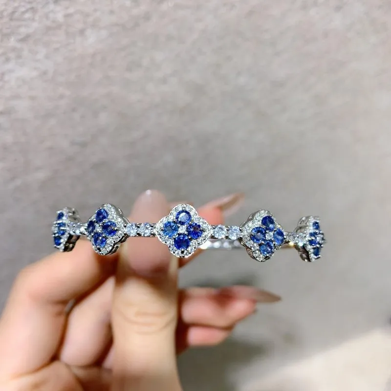 Elegant 5 Motif Blue Sapphire and CZ Bangle in Sterling Silver - Heated Sapphires - Perfect Jewelry for Women - 20 Blue Sapphires (3 mm) - Dimensions: 5.8 cm