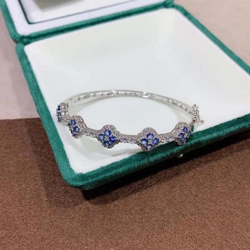 Elegant 5 Motif Blue Sapphire and CZ Bangle in Sterling Silver - Heated Sapphires - Perfect Jewelry for Women - 20 Blue Sapphires (3 mm) - Dimensions: 5.8 cm