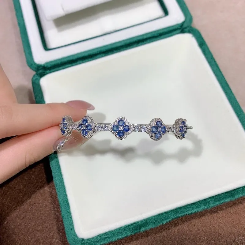 Elegant 5 Motif Blue Sapphire and CZ Bangle in Sterling Silver - Heated Sapphires - Perfect Jewelry for Women - 20 Blue Sapphires (3 mm) - Dimensions: 5.8 cm