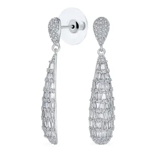 Elegant Bridal CZ Dangle Chandelier Earrings Art Deco Teardrop Silver Plated